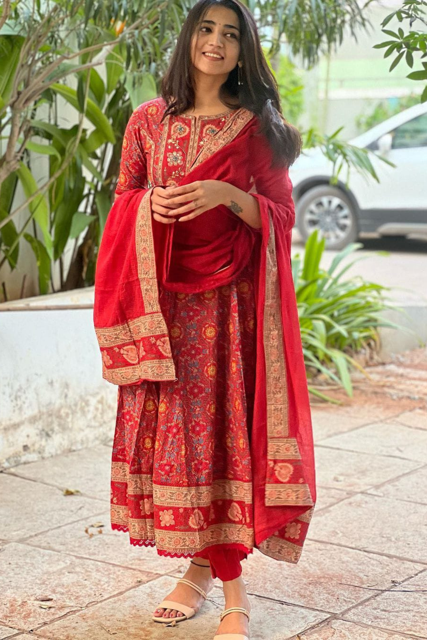 Red Floral Printed Hand Worked Anarkali Pure Cotton Kurta with Trouser & Dupatta