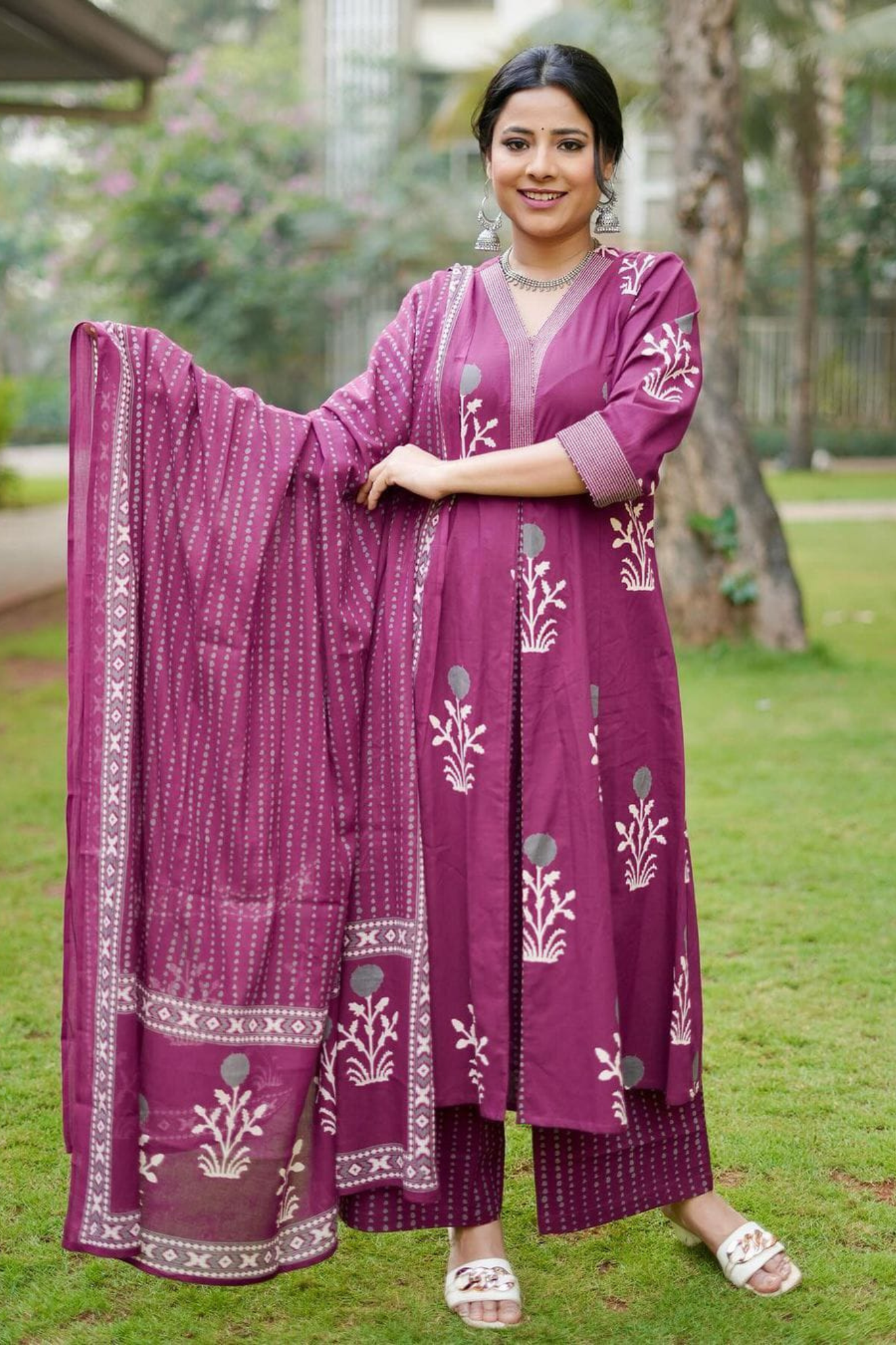 Block Printed Pure Cotton A-Line Kurta and Trouser with Palazzo Set