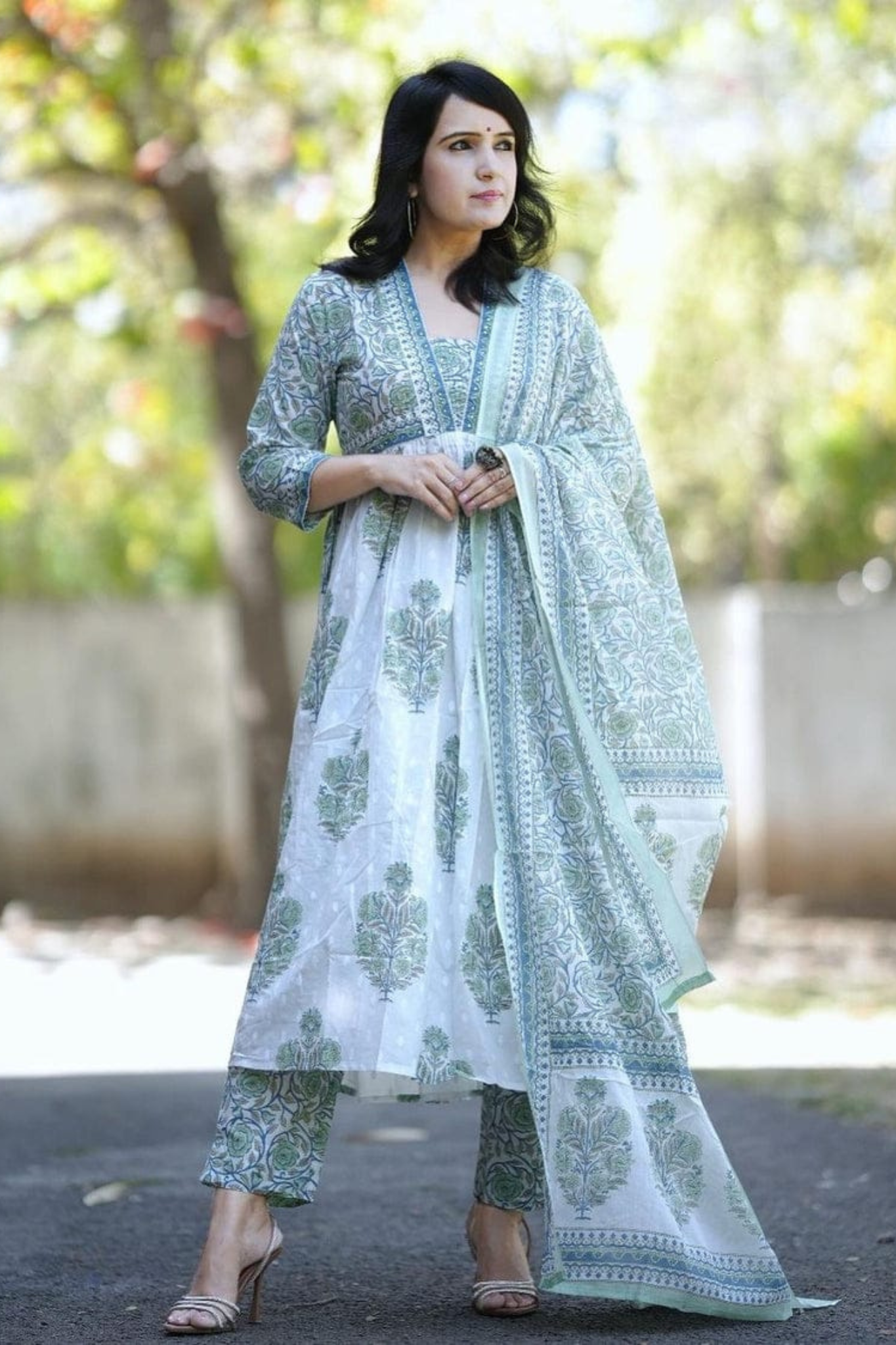 Attractive Block Printed Handwork Kurta with Pant & Dupatta Set