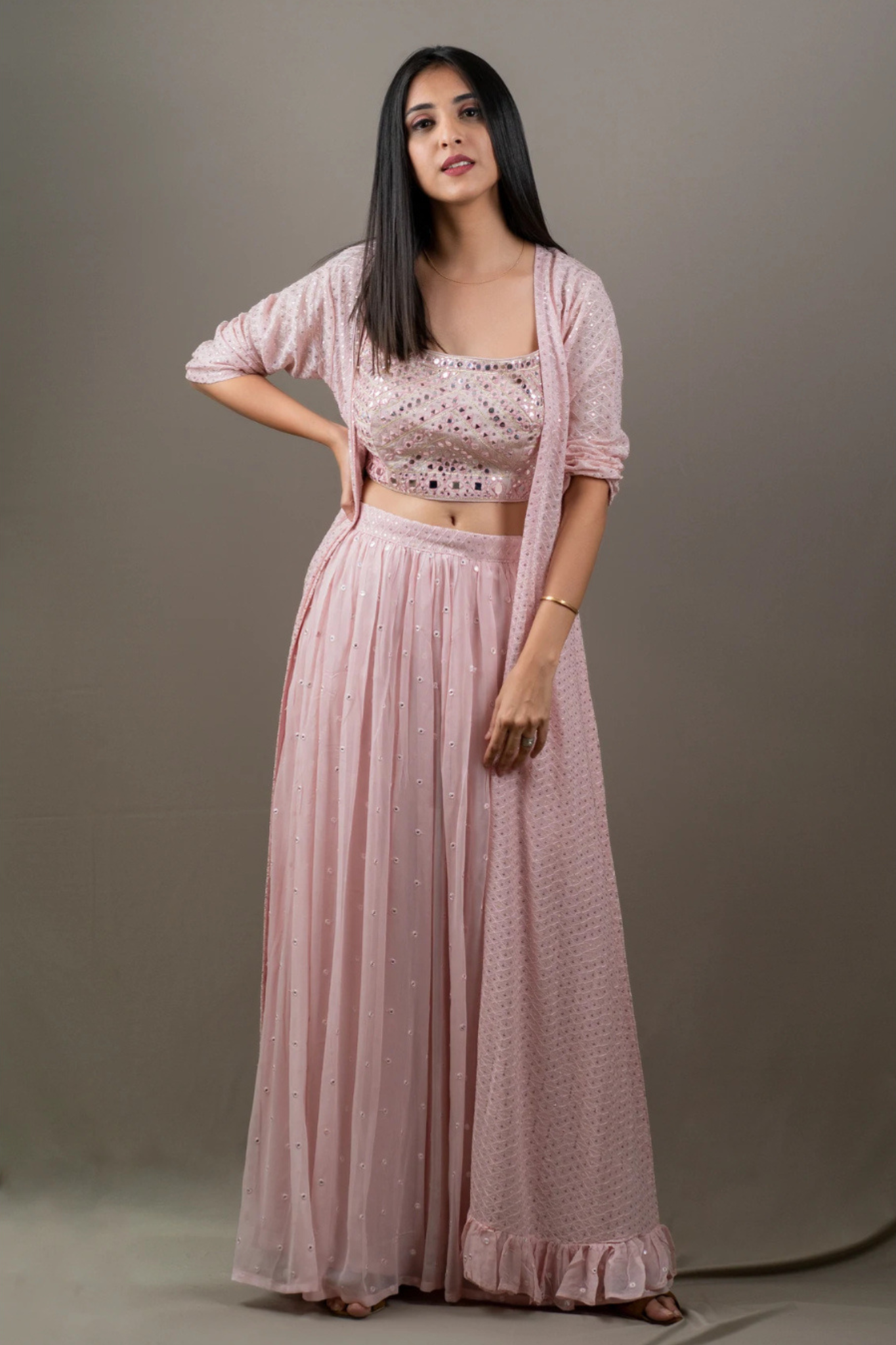 Exclusive Trendy Look Baby Pink Coloured Top and Bottom with Embroidered Worked Shrug