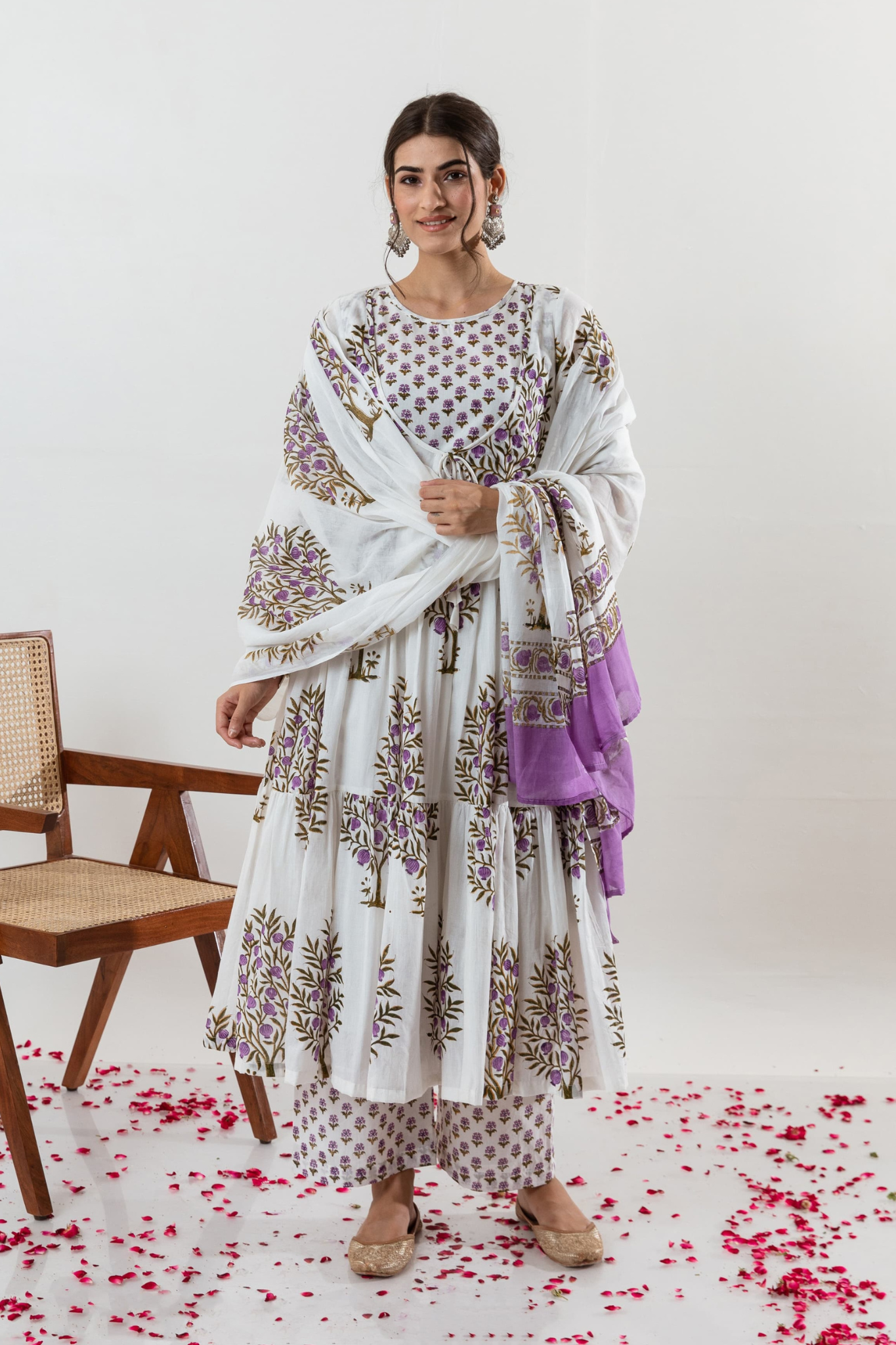 Graceful Block Printed Pure Cotton Anarkali Kurta with Palazzo & Dupatta Set