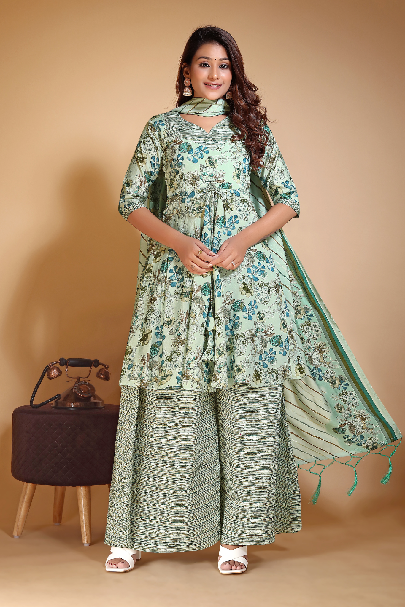 Floral Printed Anarkali Chanderi Cotton Kurta & Palazzos With Dupatta Suit