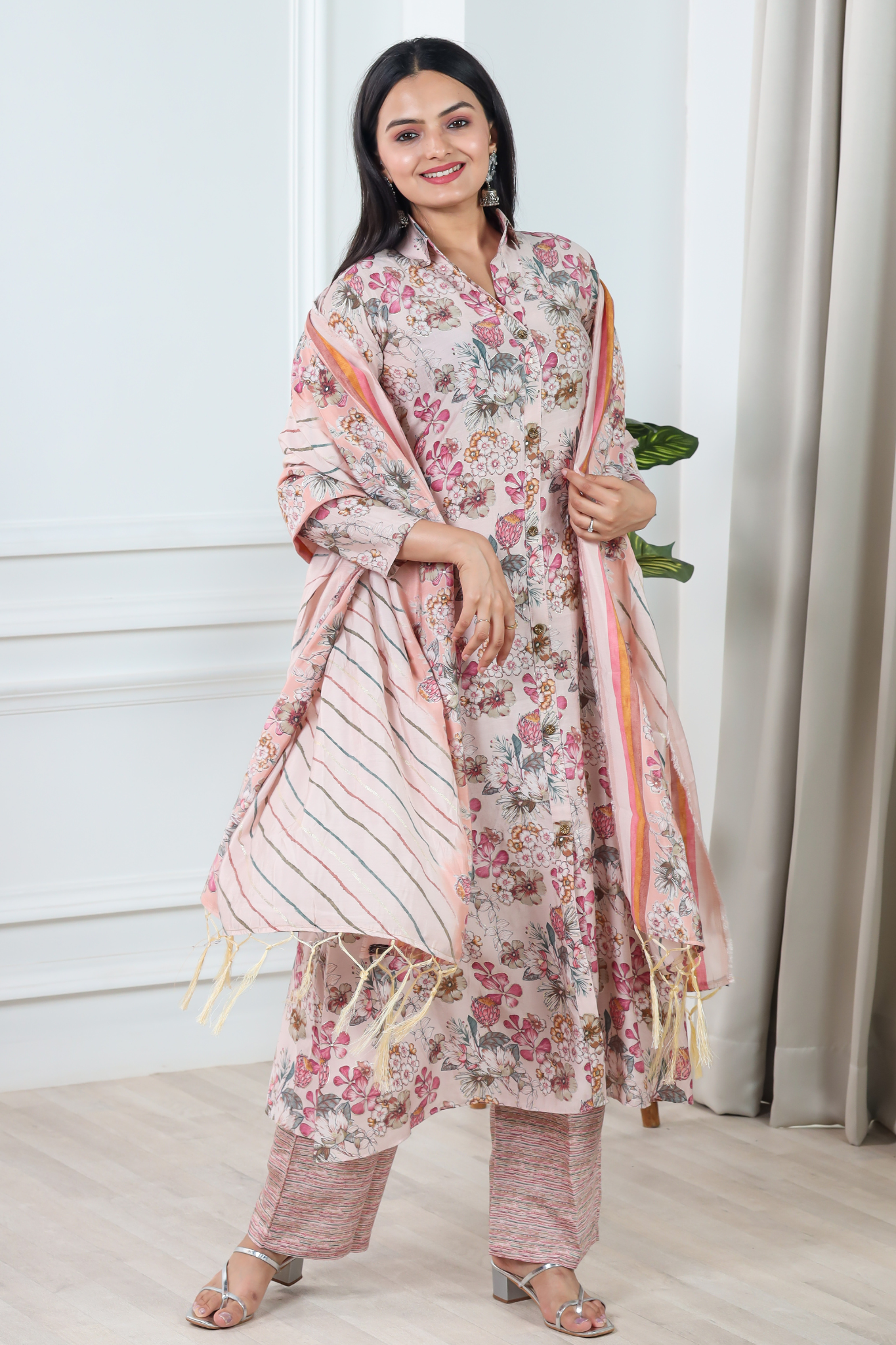 Floral Printed Chanderi Cotton Kurta With Pant & Dupatta