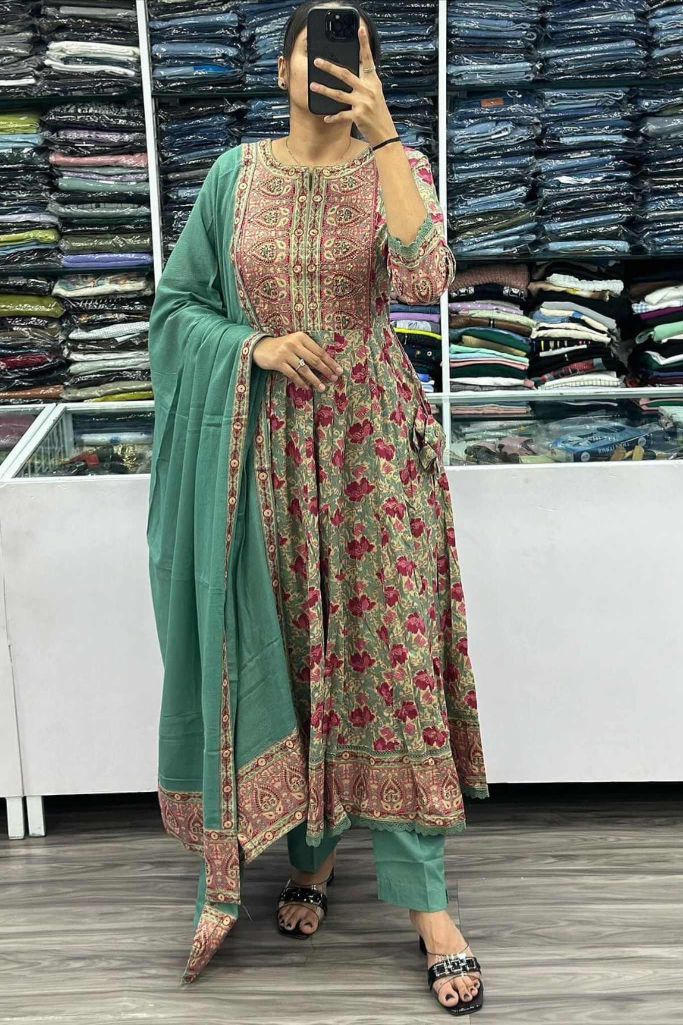 Exclusive Floral Printed Pure Cotton Anarkali Kurta with Trouser & Dupatta Set