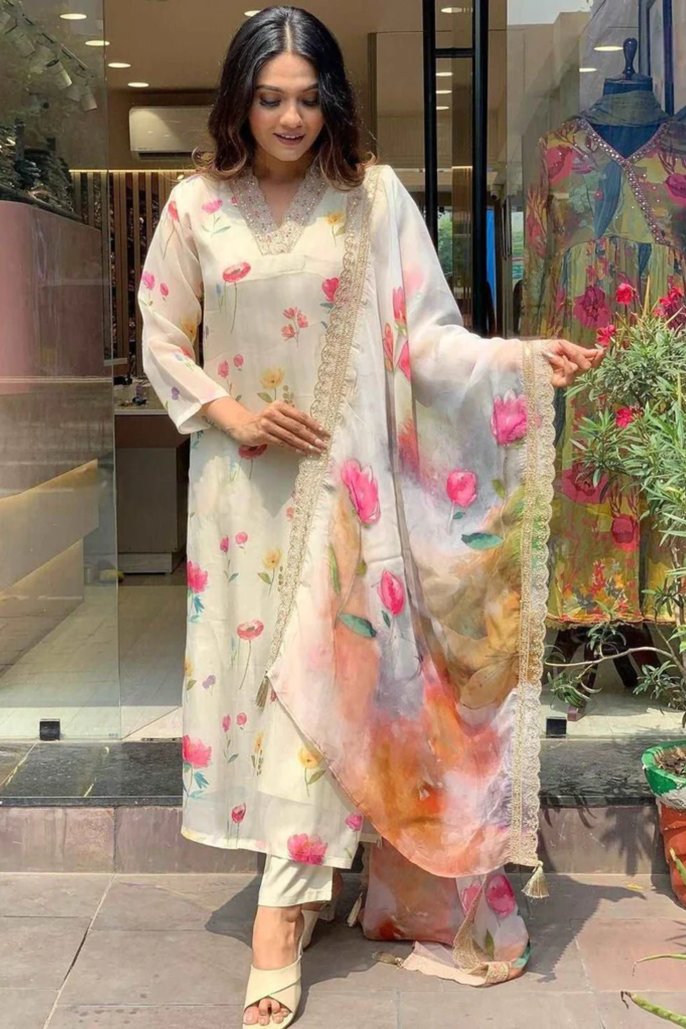 Floral Printed Embroidered Handwork Organza Kurta with Pant & Dupatta Suit