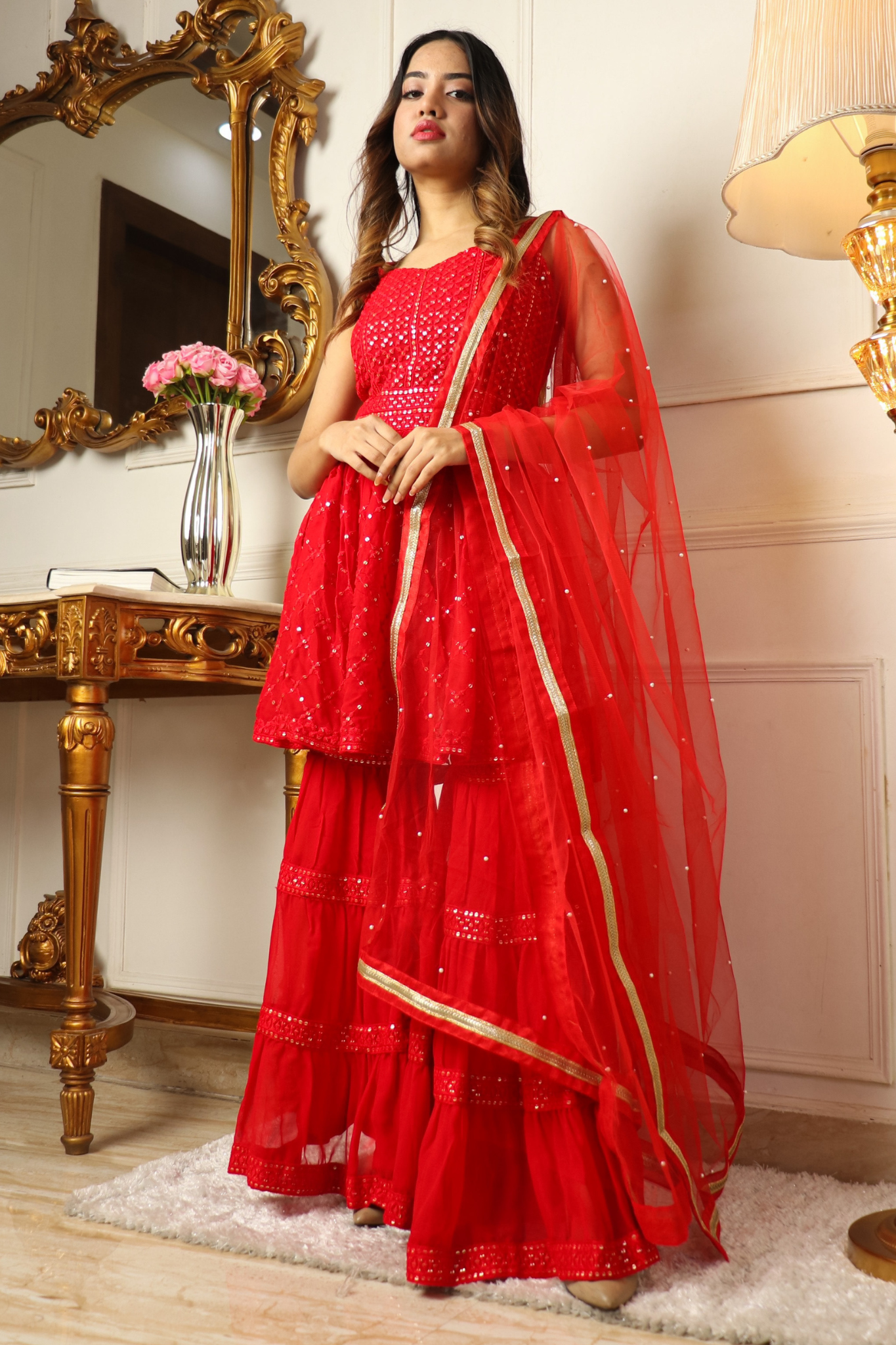 Red Embroidered Sequins Work Georgette Top with Sharara & Dupatta Suit