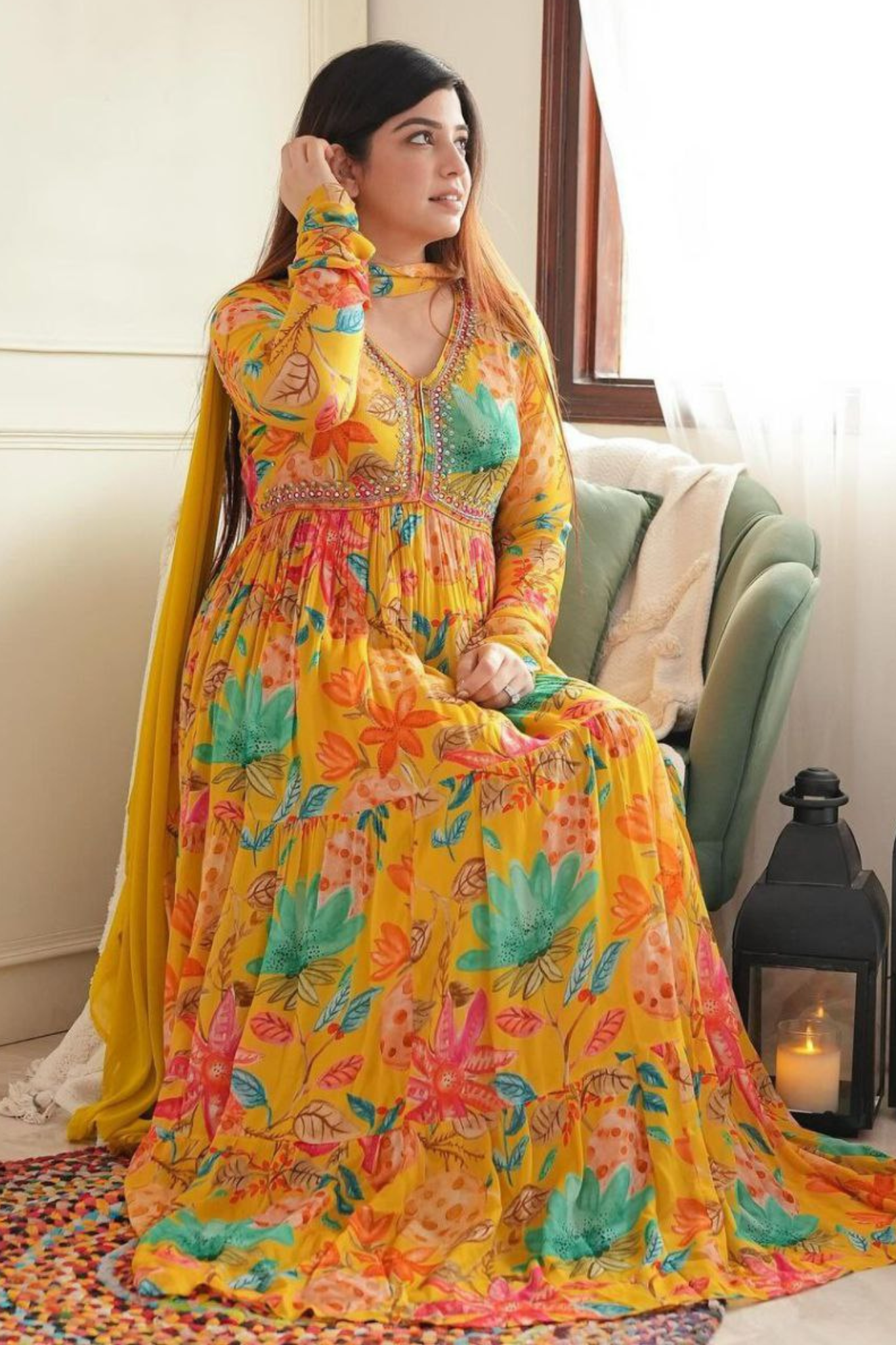 Beautiful Multicolor Printed Mirror Work Gown with Trouser & Dupatta