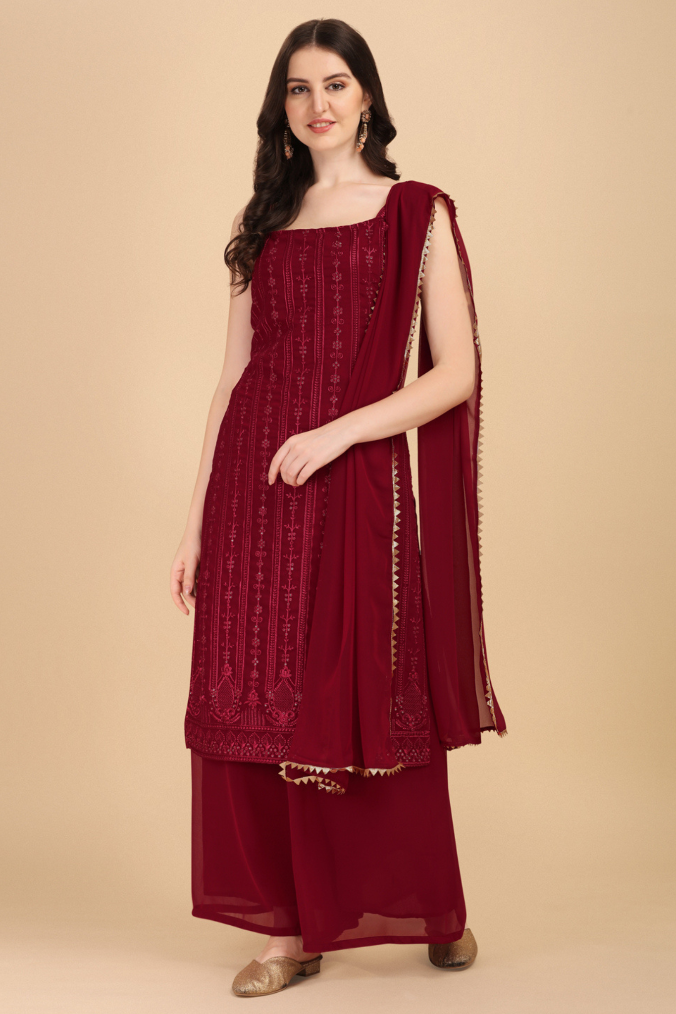 Demanding Maroon Colored Partywear Embroidered Sequence Worked Kurta and Palazzo with Dupatta Set