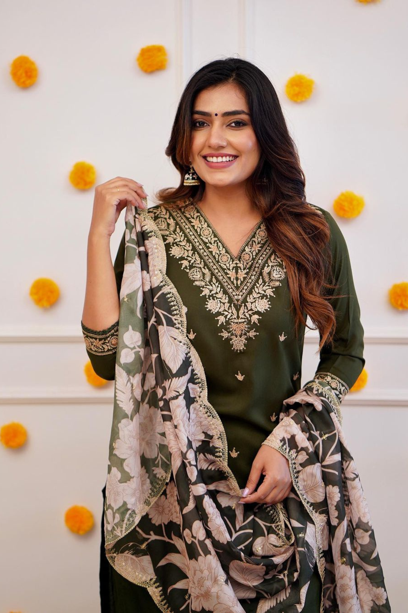 Intricate Mehandi Green Colored Embroidered Worked Kurta with Trouser and Organza Dupatta