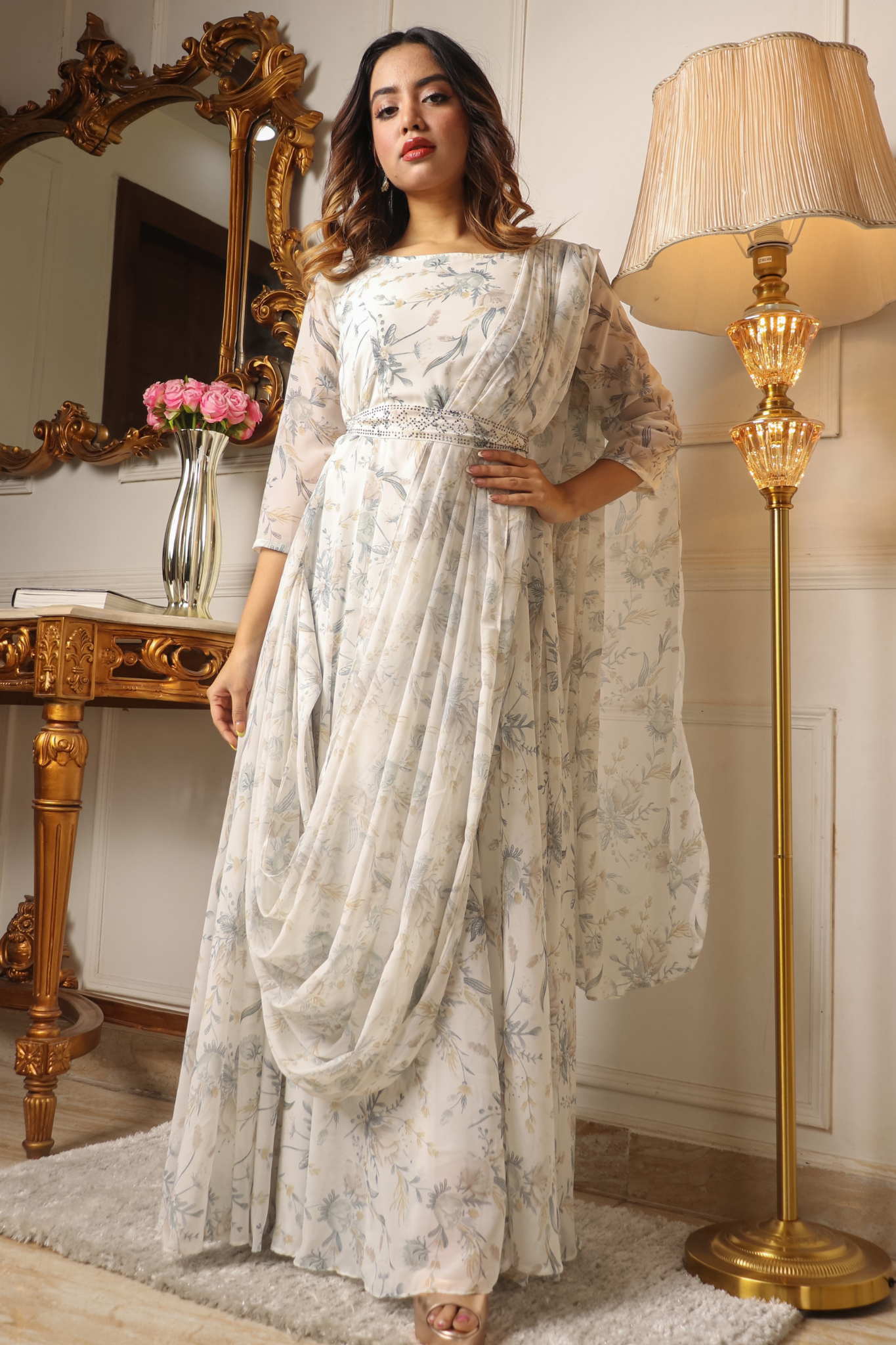 Glorious White Colored Floral Printed Anrkali Long Gown with Attached Dupatta & Belt