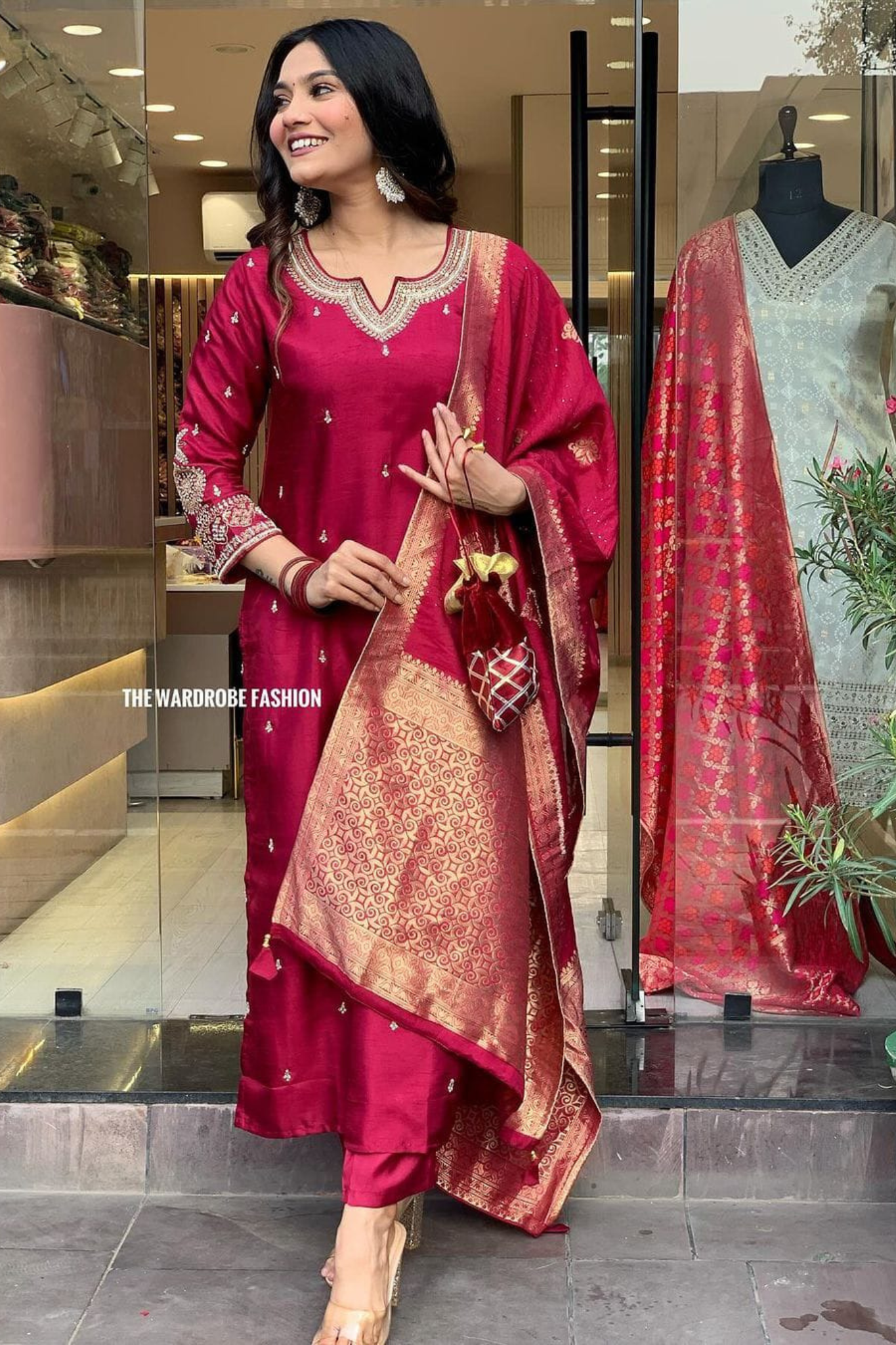 Attractive Chanderi Silk Embroidered Sequins Kurta with Pant & Jacquard Dupatta Suit