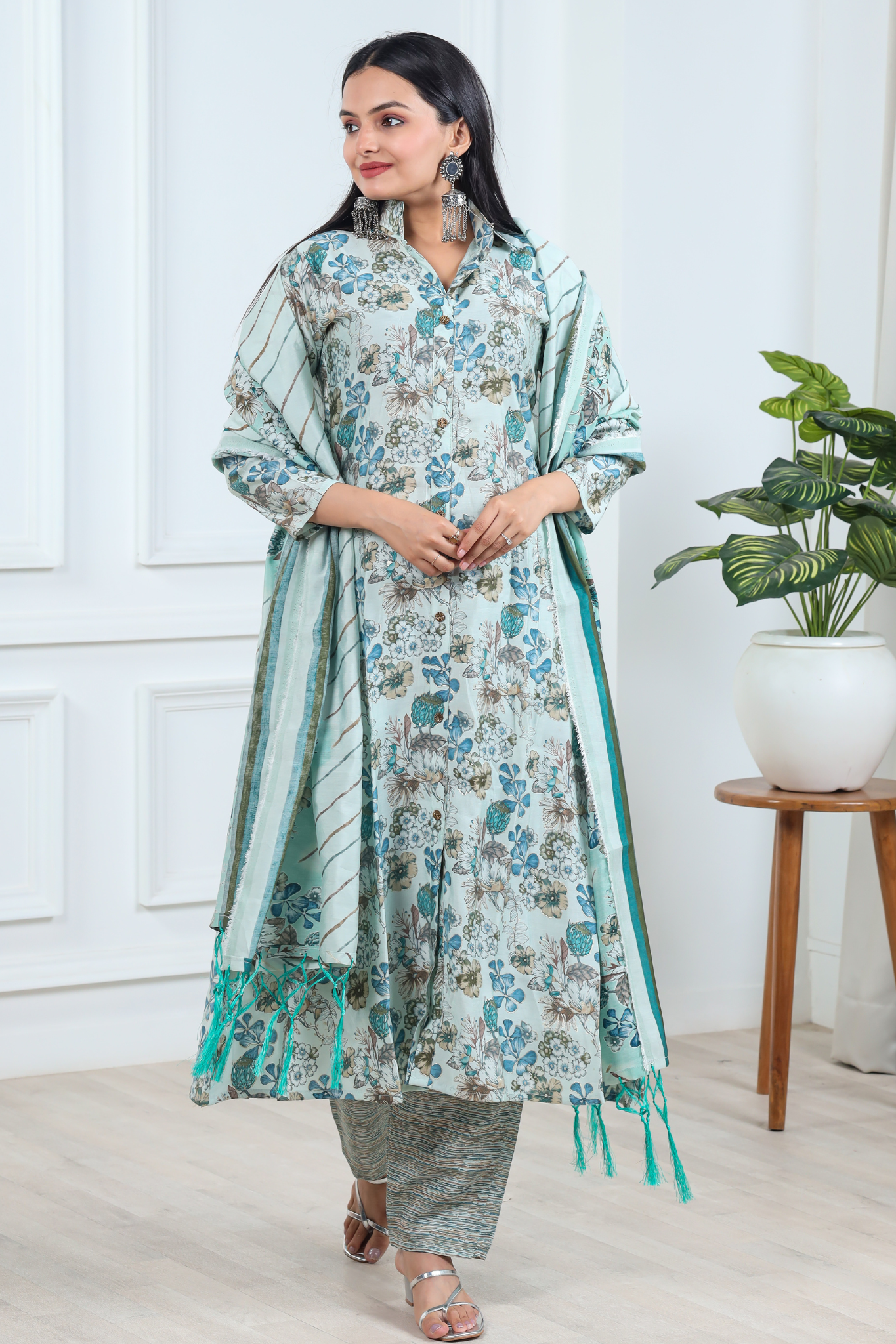 Floral Printed Chanderi Cotton Kurta With Pant & Dupatta