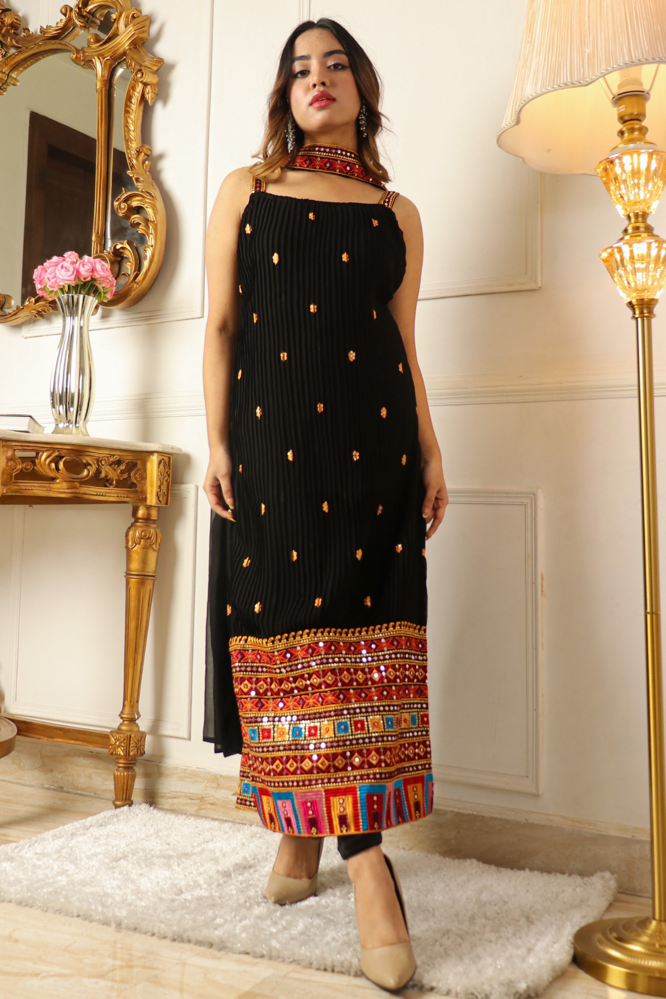 Black Colored Embroidered Motif Work Sleeveless Kurta with Pant & Dupatta Set