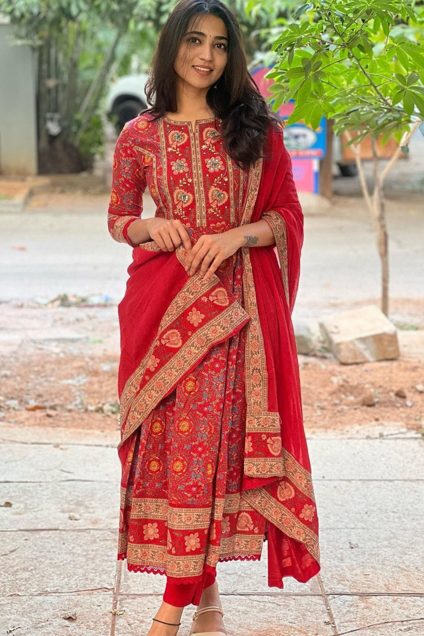 Red Floral Printed Hand Worked Anarkali Pure Cotton Kurta with Trouser & Dupatta