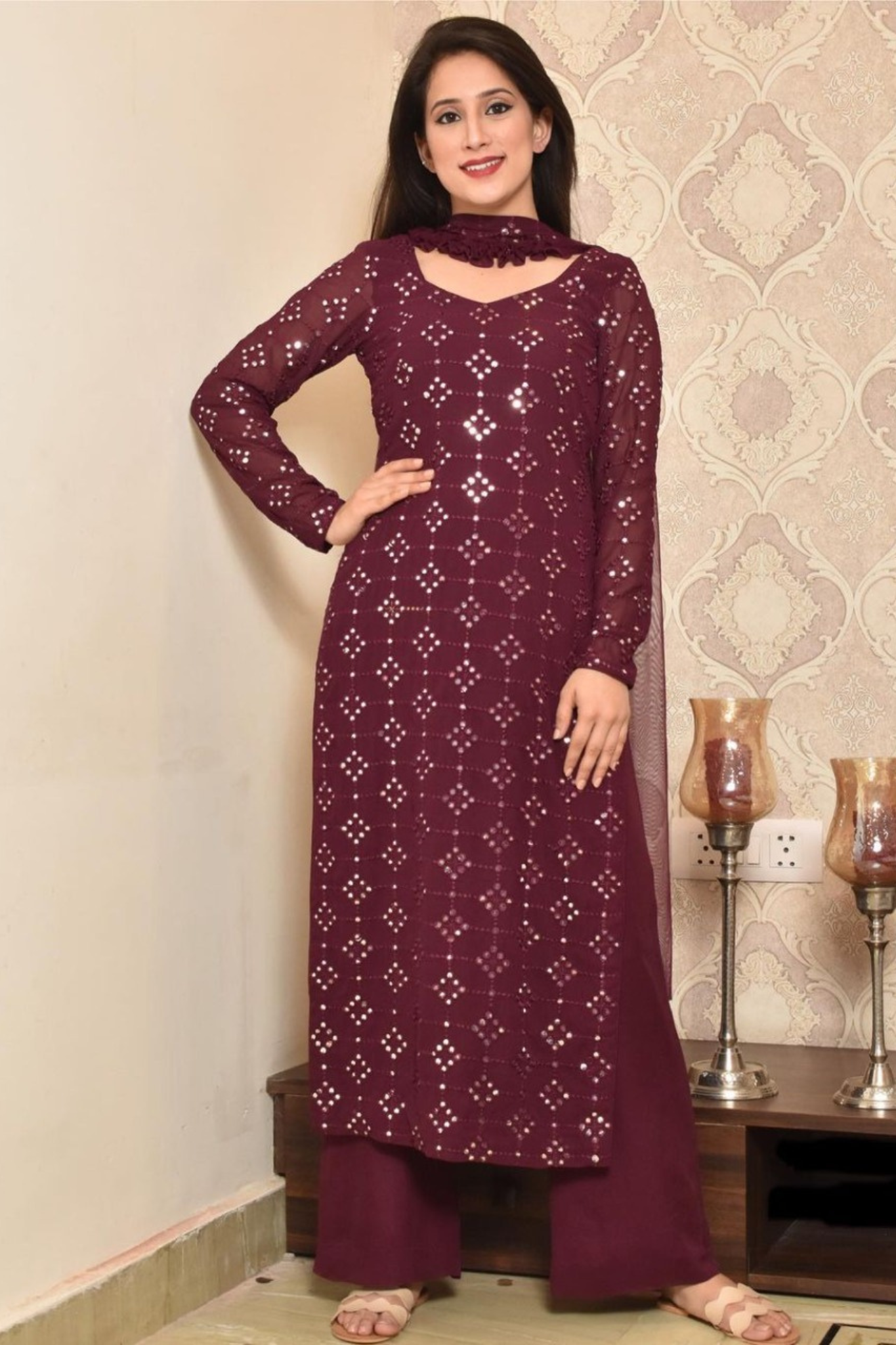 Desirable Maroon Colored Partywear Embroidered Mirror Worked Kurta and Palazzo with Dupatta Set