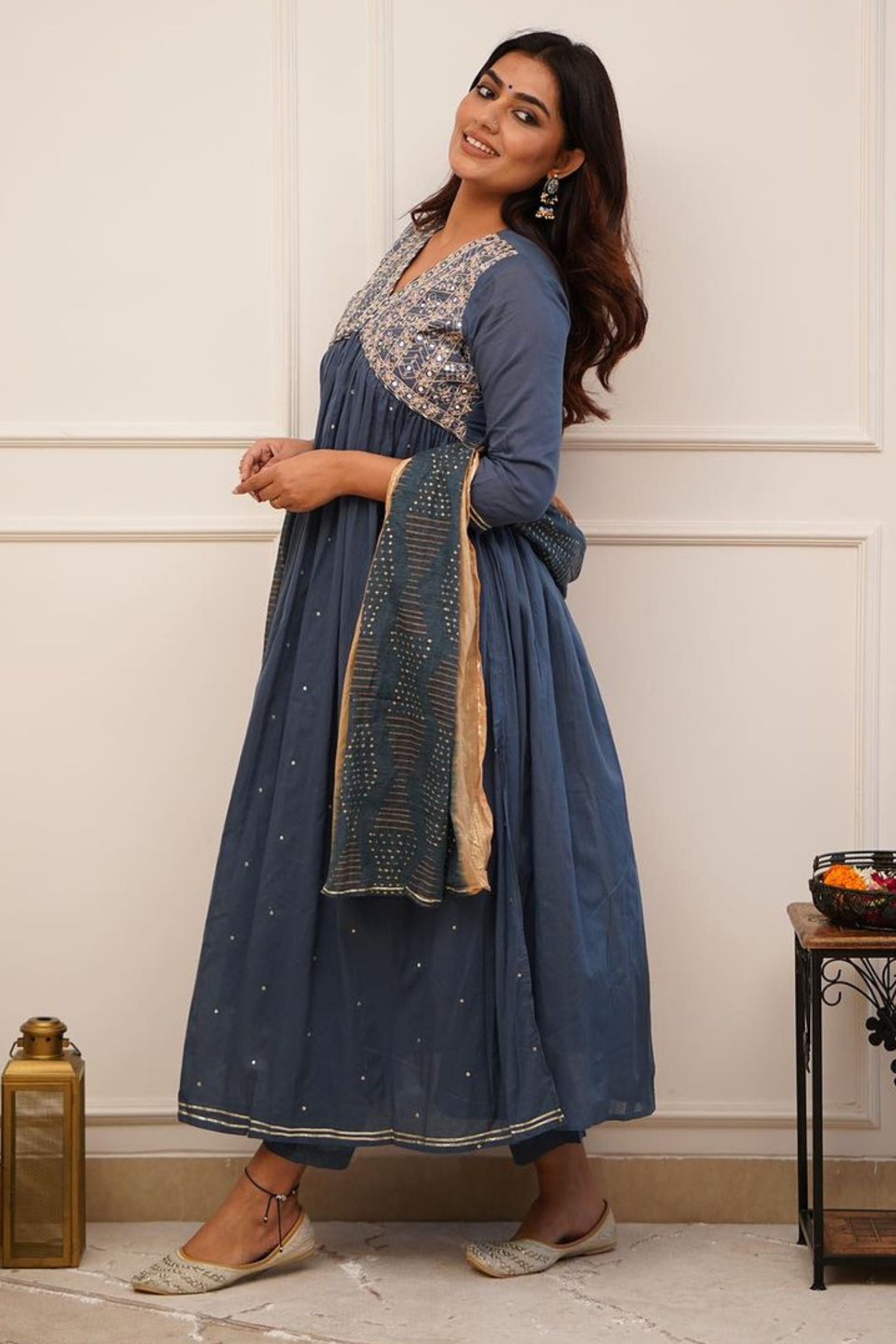 Radiant Blue Colored Embroidered Work Pure Cotton Alia Cut Kurta with Trouser & with Dupatta Set