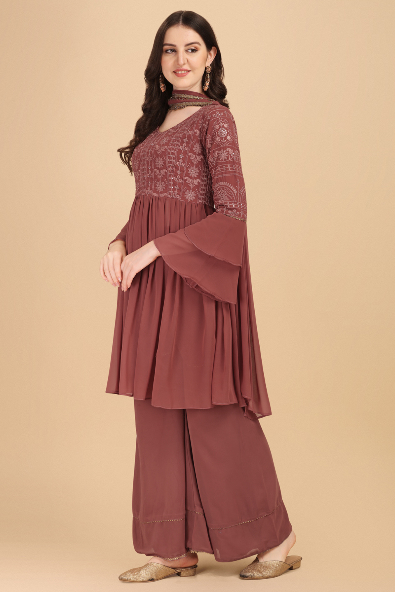 Chocolate  Colored Partywear Embroidered Worked Sharara Suit with Dupatta