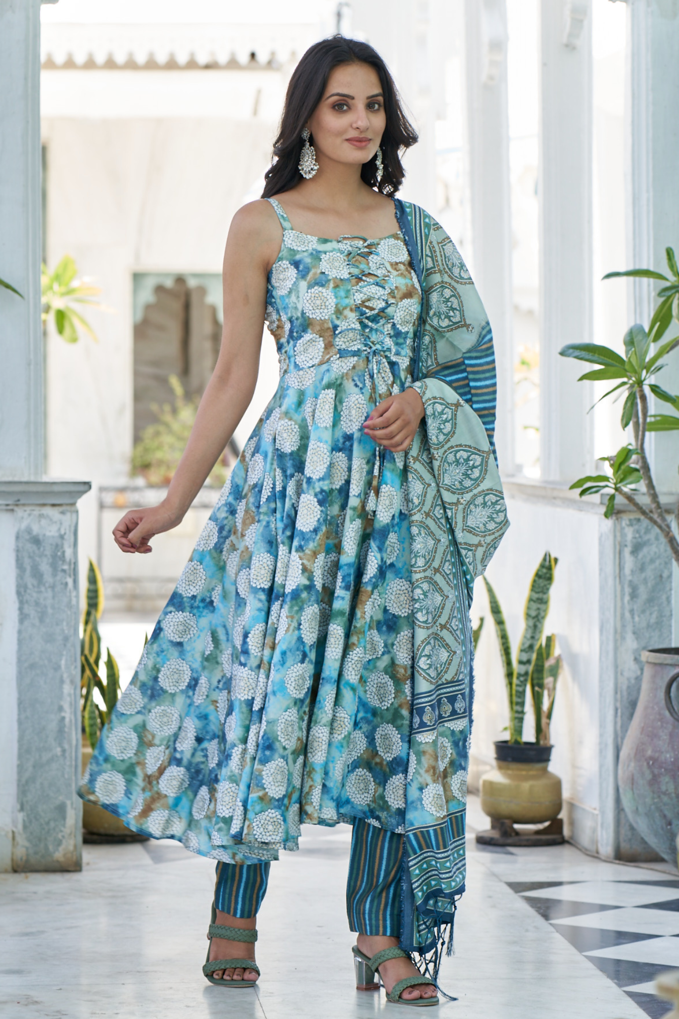 Floral Printed Chanderi Cotton Anarkali Kurta With Churidar & Dupatta