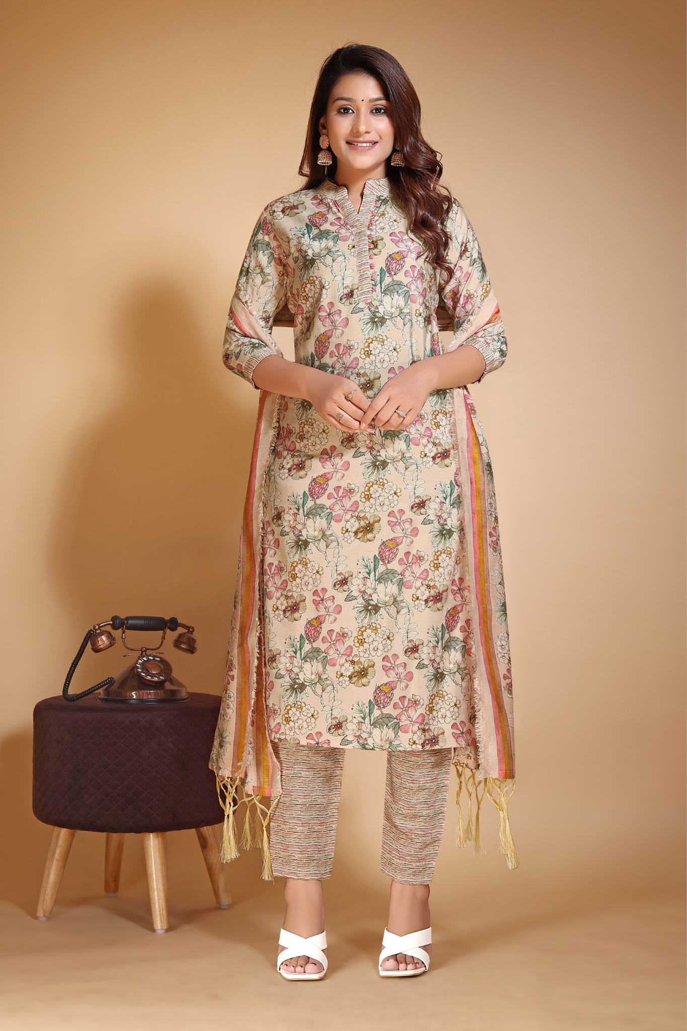 Floral Printed Chanderi Cotton Kurta With Pant & Dupatta