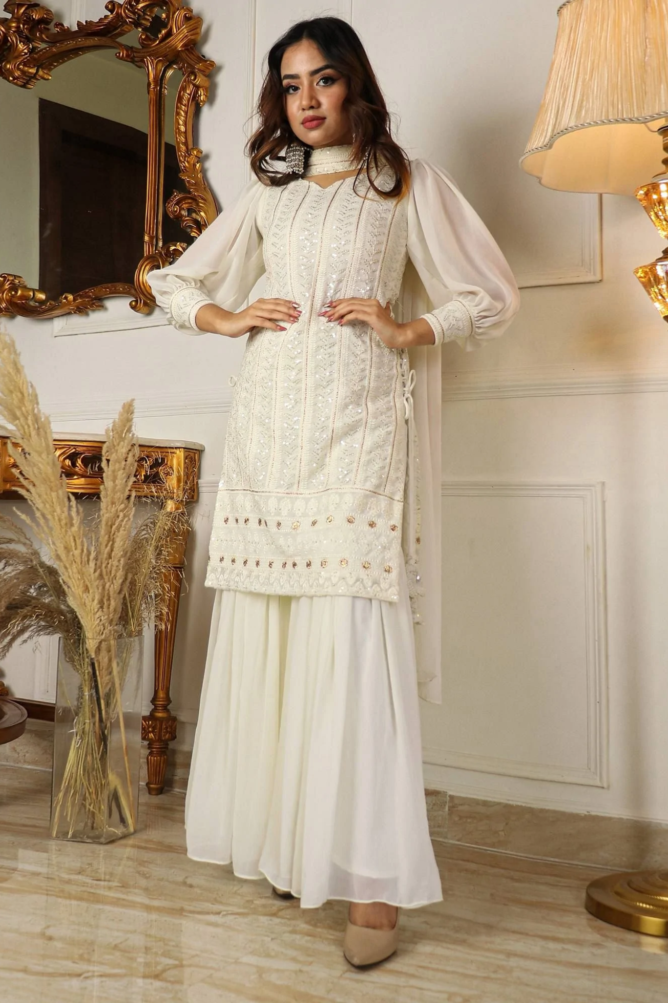 Off White Colored Function Wear Embroidered Sequined Worked Sharara Suit