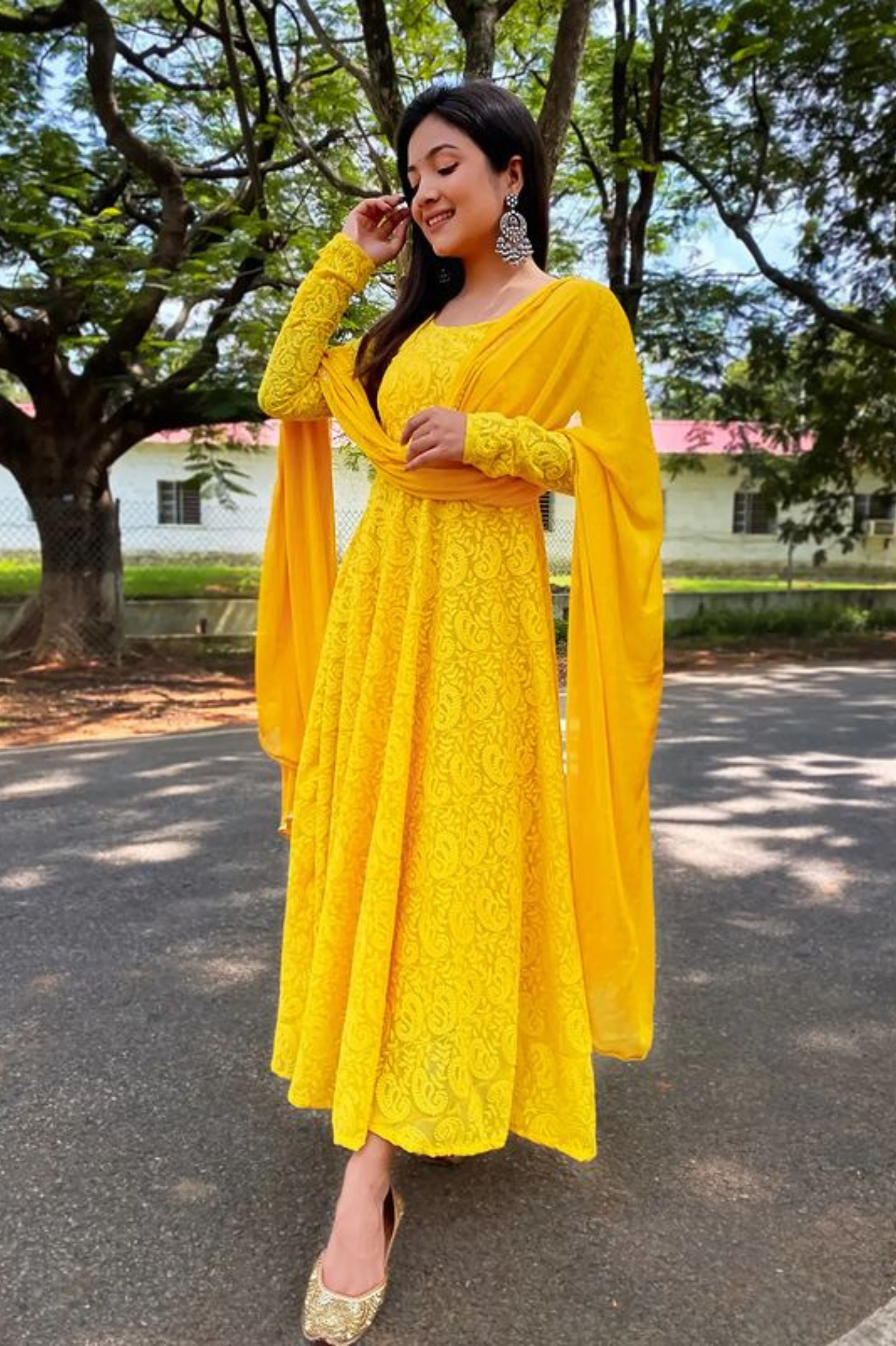 Exclusive Pure Yellow Colored Chikankari Worked Georgette Gown with Dupatta Set