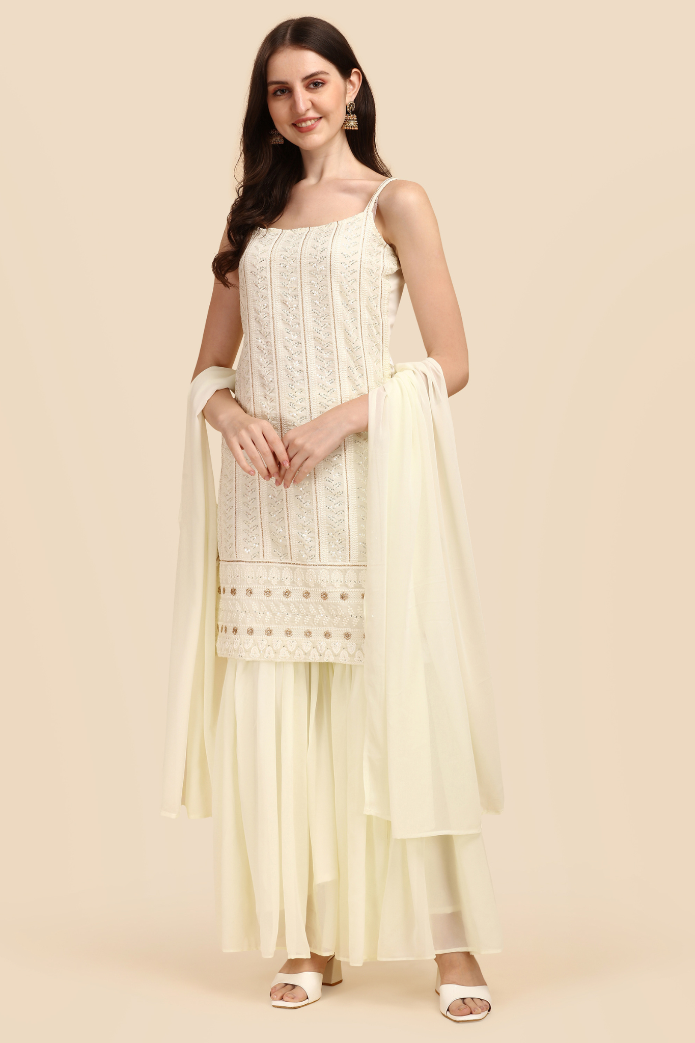 Unique Off White Colored Partywear Embroidered and Sequence Worked Sharara Suit with Dupatta Set