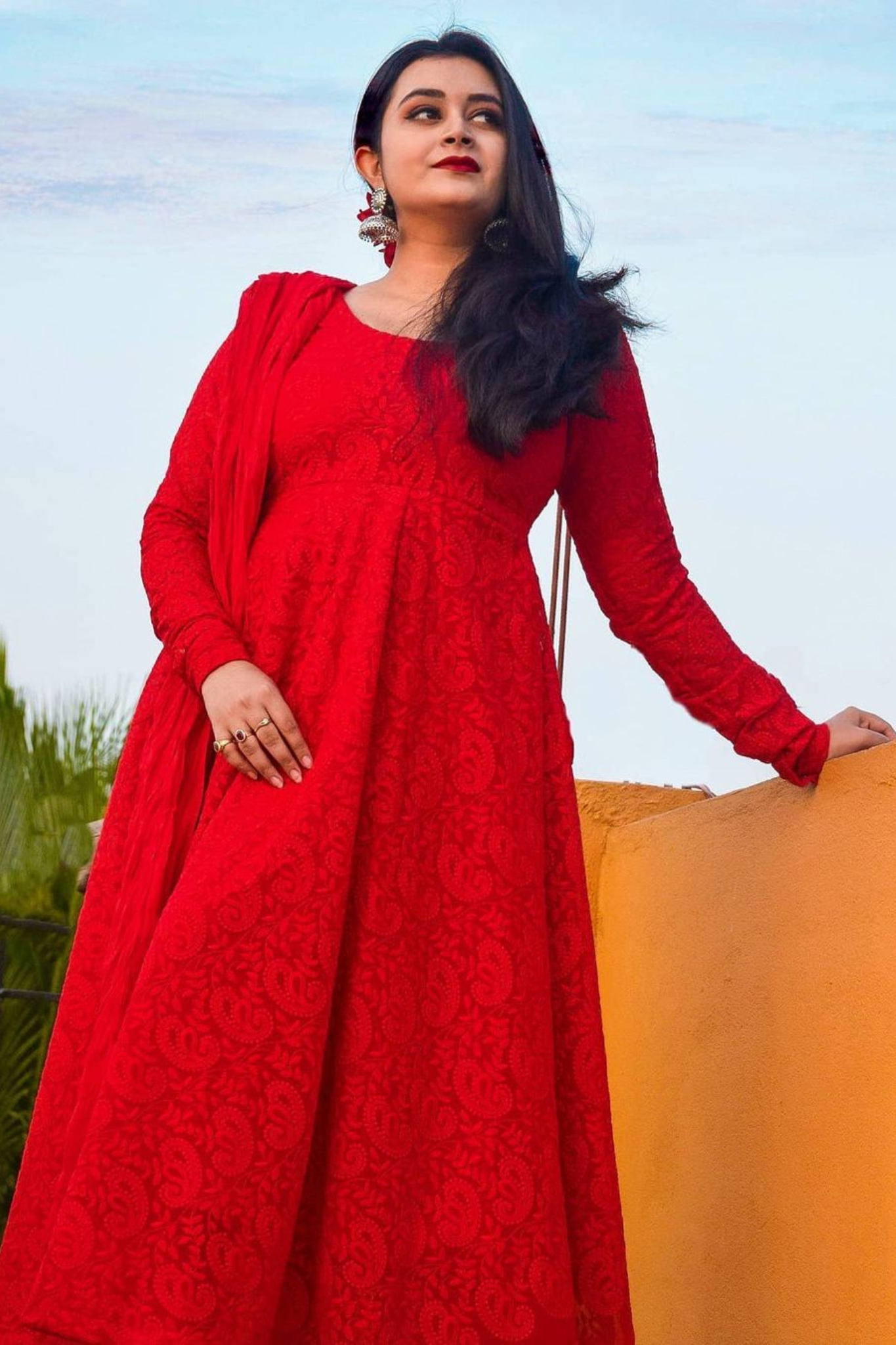 Exclusive Pure Red Colored Chikankari Worked Georgette Gown with Dupatta Set