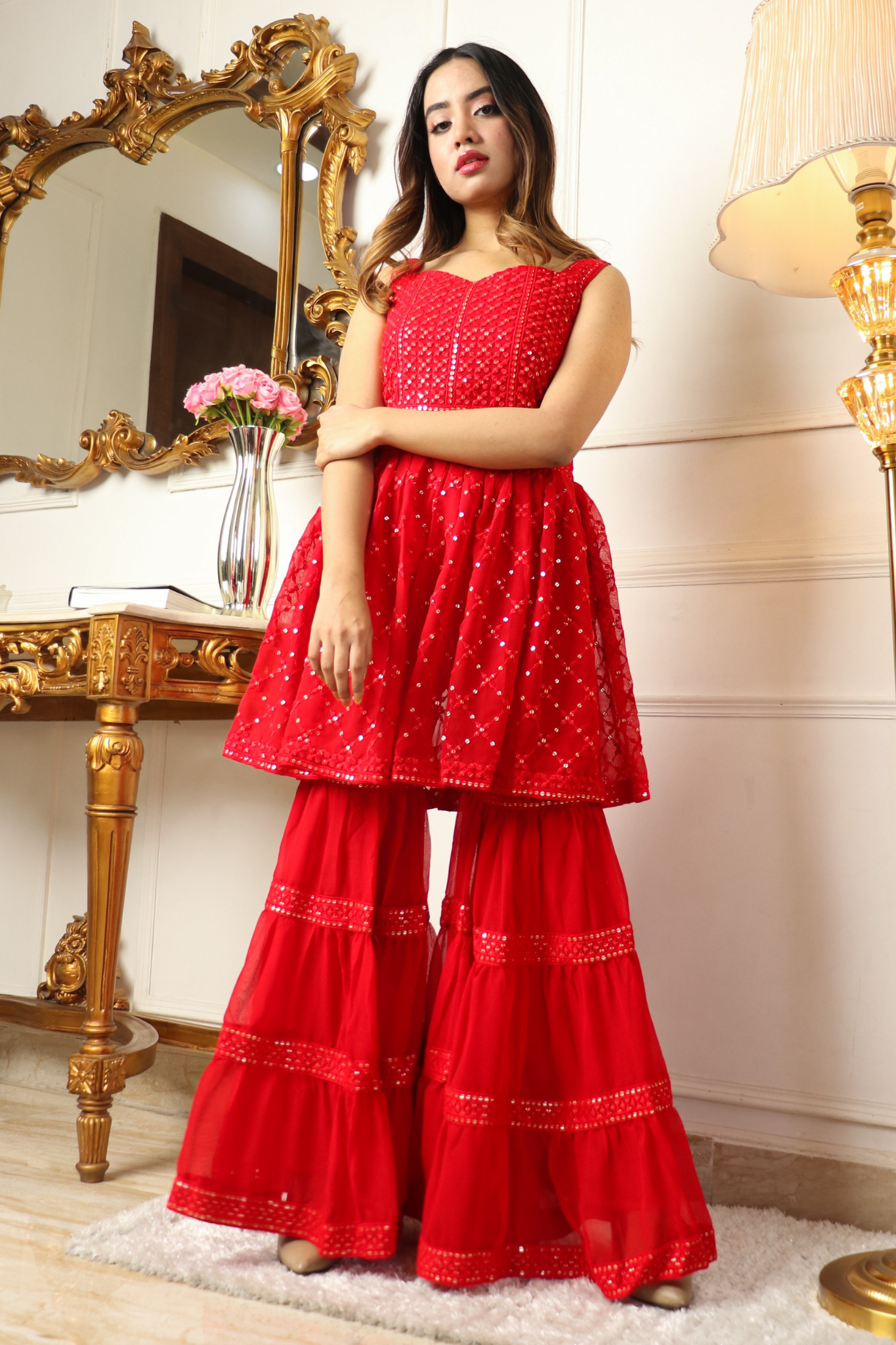 Red Embroidered Sequins Work Georgette Top with Sharara & Dupatta Suit