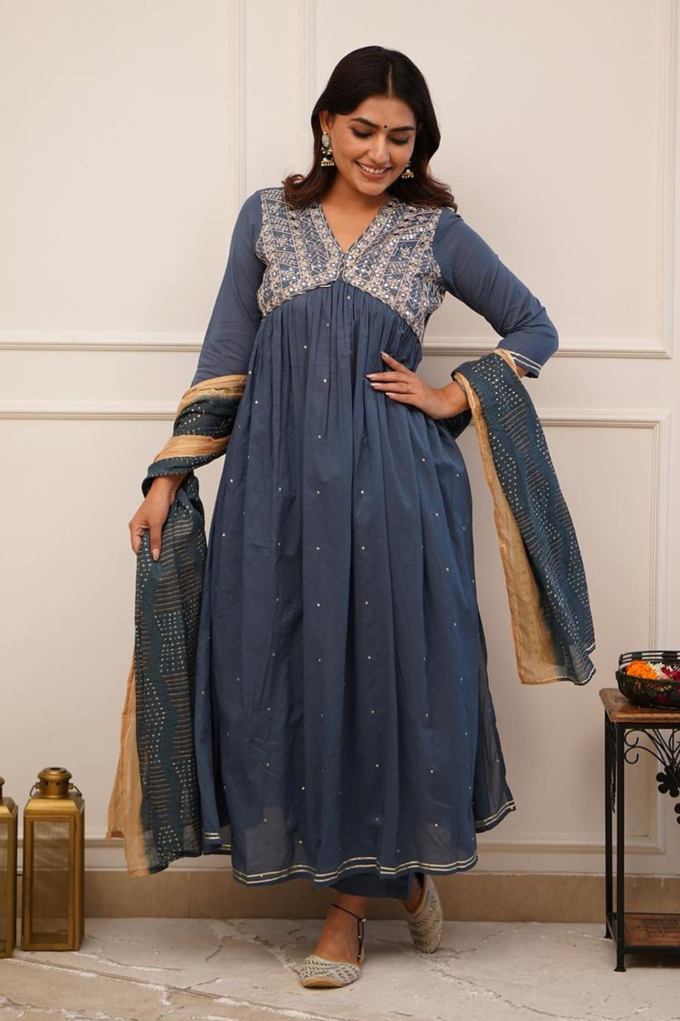 Radiant Blue Colored Embroidered Work Pure Cotton Alia Cut Kurta with Trouser & with Dupatta Set