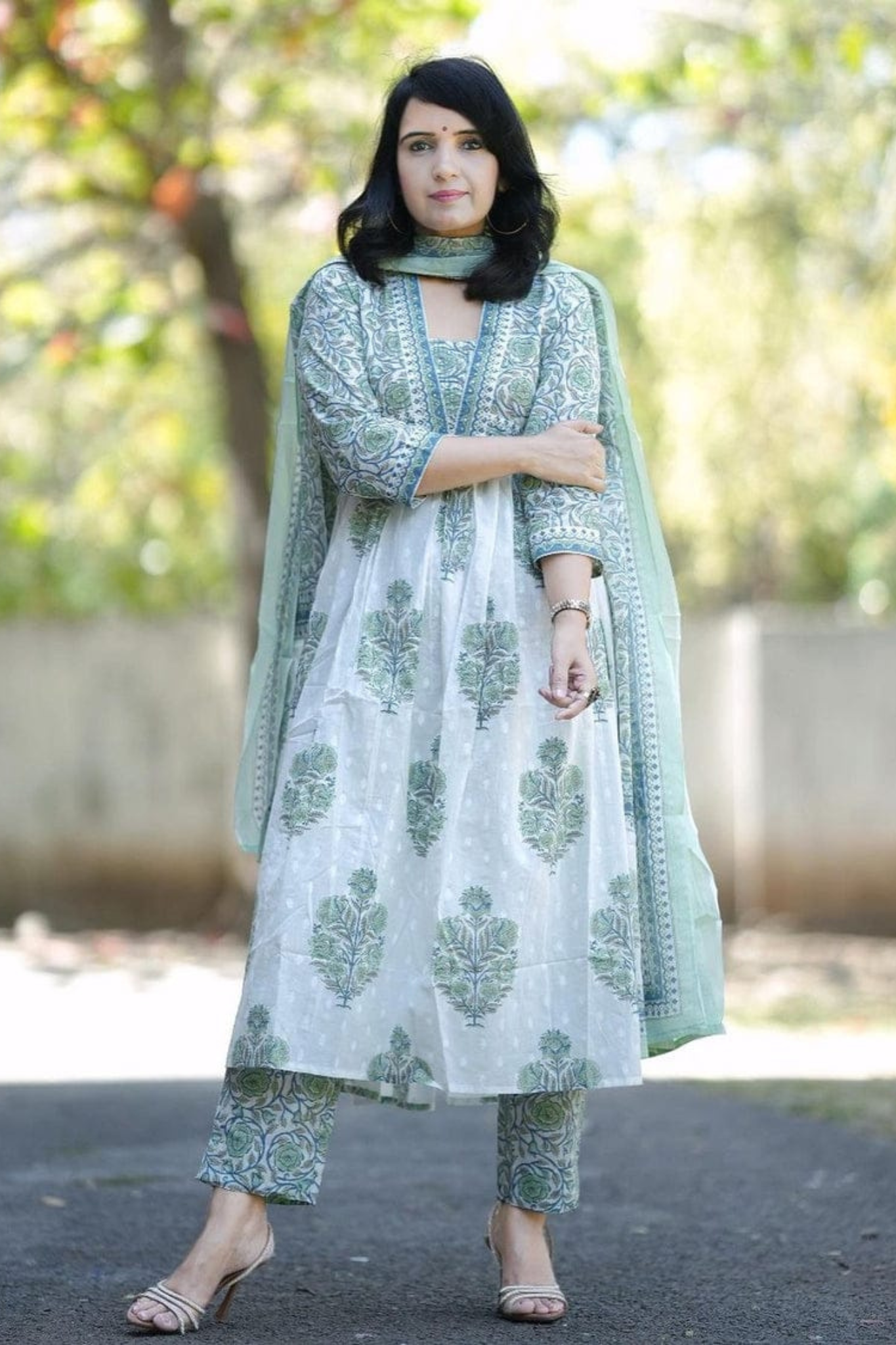 Attractive Block Printed Handwork Kurta with Pant & Dupatta Set