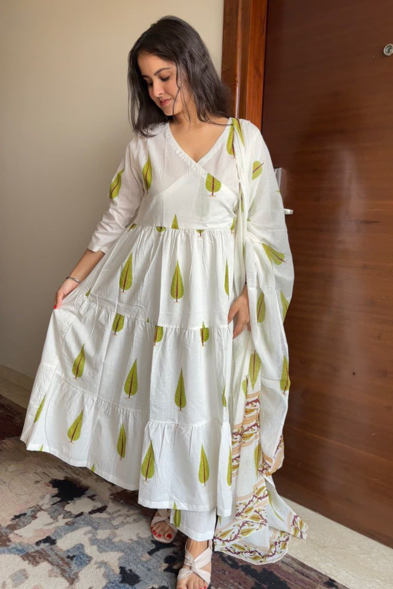 Angrakha Style Block Printed Mulmul Cotton Kurta with Palazzo & Dupatta