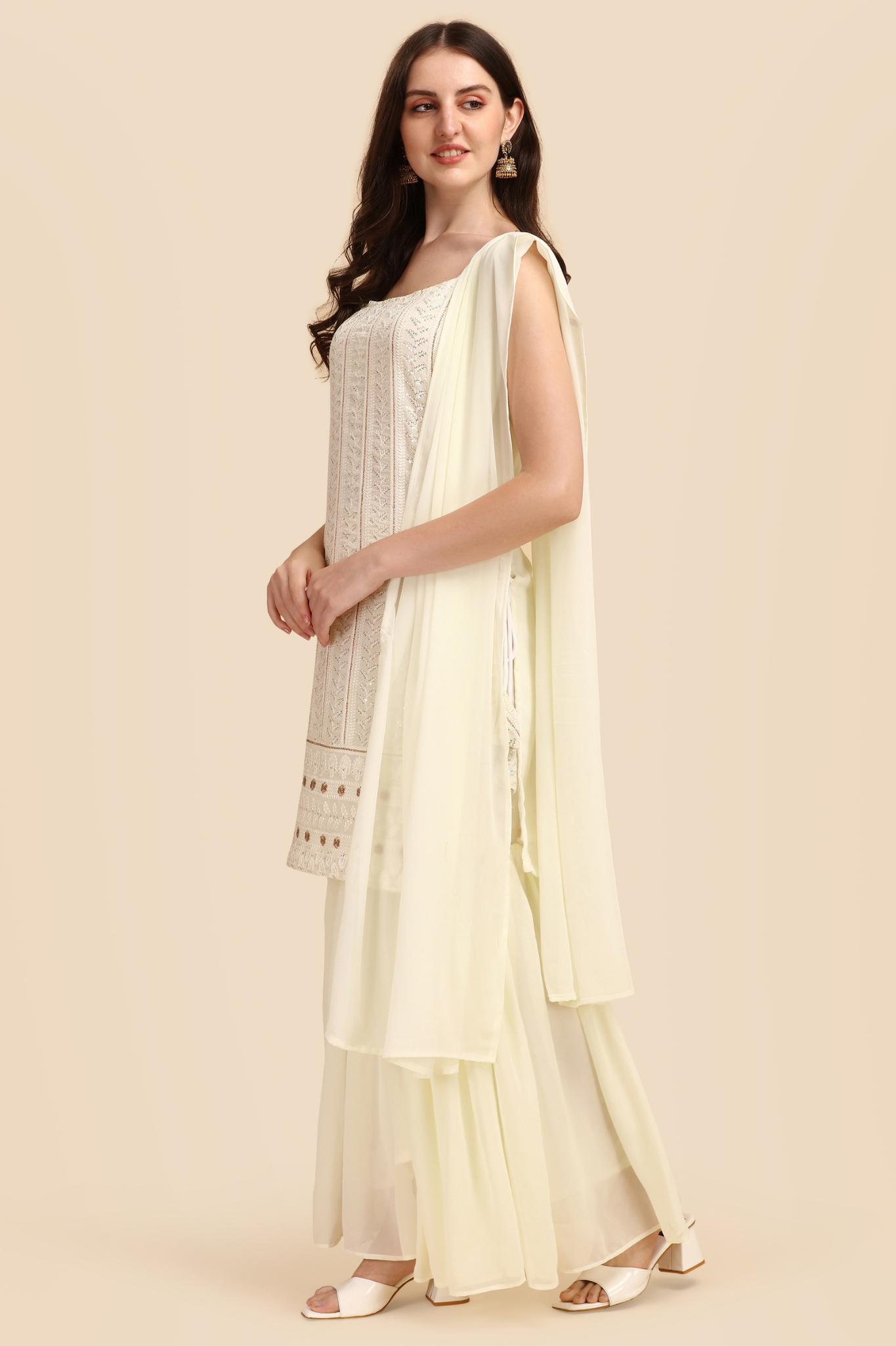 Unique Off White Colored Partywear Embroidered and Sequence Worked Sharara Suit with Dupatta Set