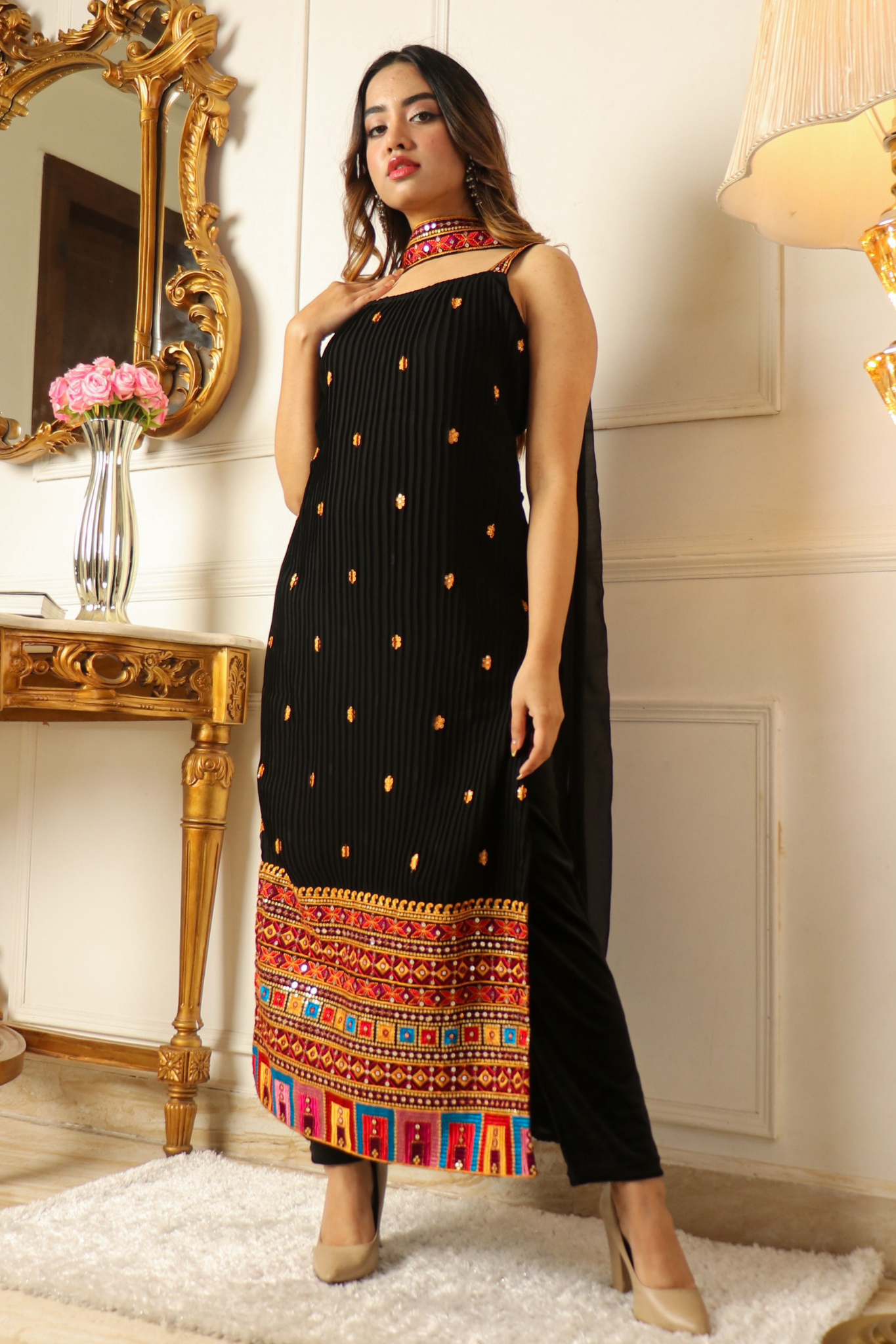 Black Colored Embroidered Motif Work Sleeveless Kurta with Pant & Dupatta Set