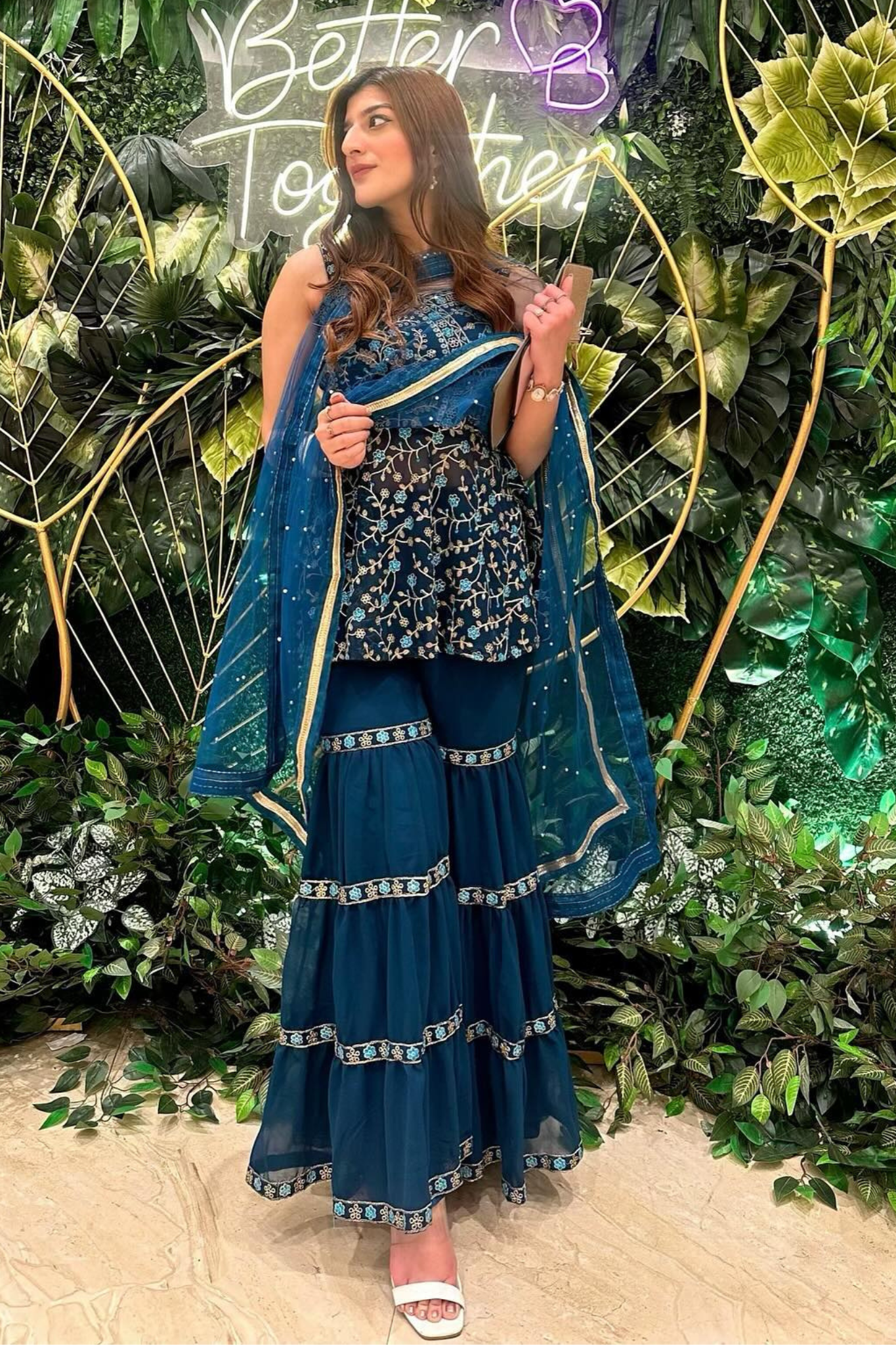 Exclusive Trendy Look Blue Colored Embroidered Worked Designer Top and Sharara Sets