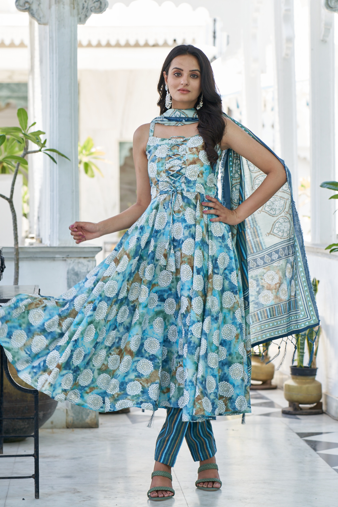 Floral Printed Chanderi Cotton Anarkali Kurta With Churidar & Dupatta