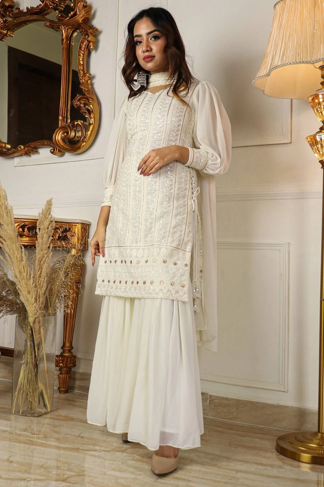 Off White Colored Function Wear Embroidered Sequined Worked Sharara Suit