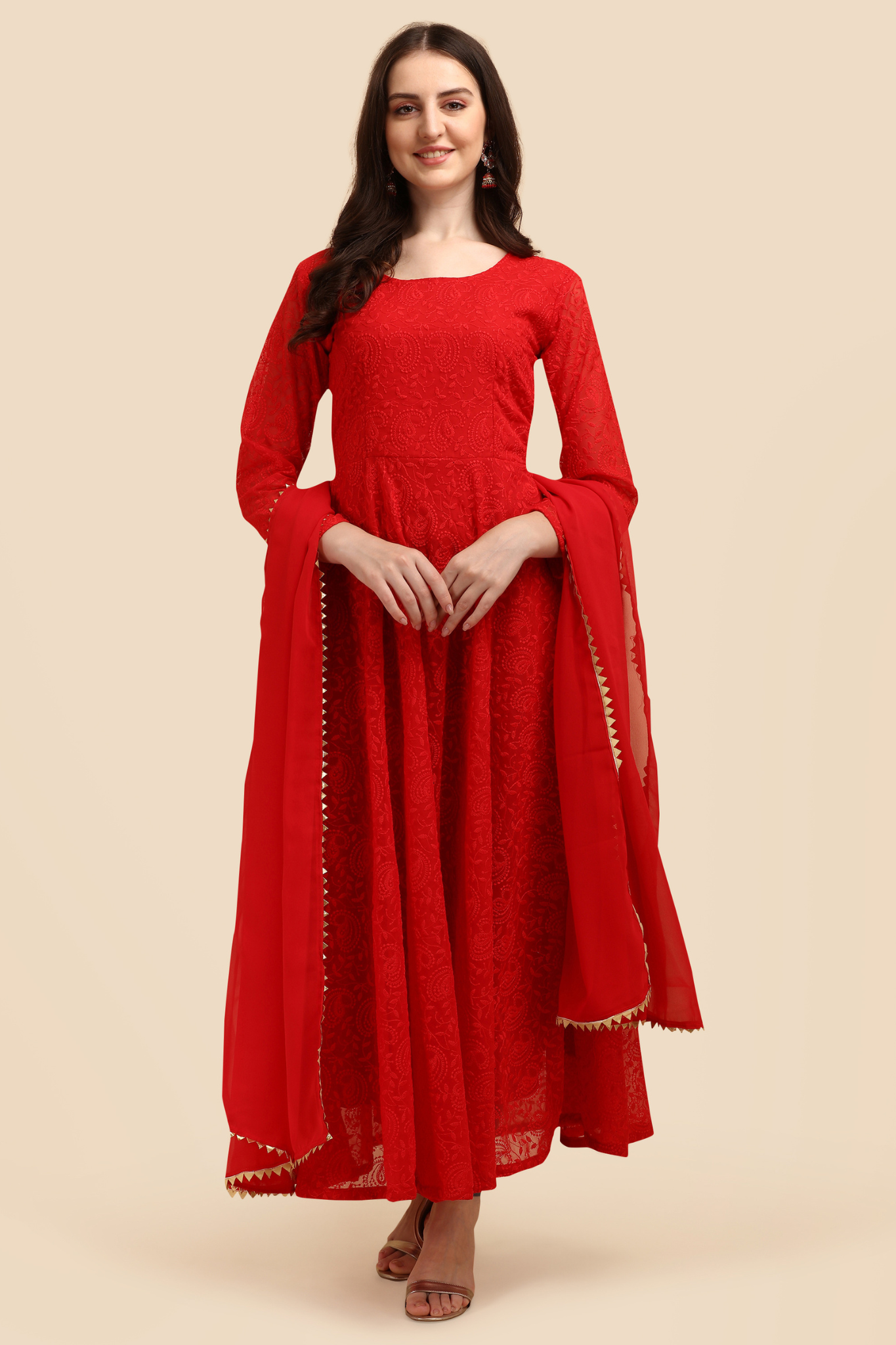 Exclusive Pure Red Colored Chikankari Worked Georgette Gown with Dupatta Set