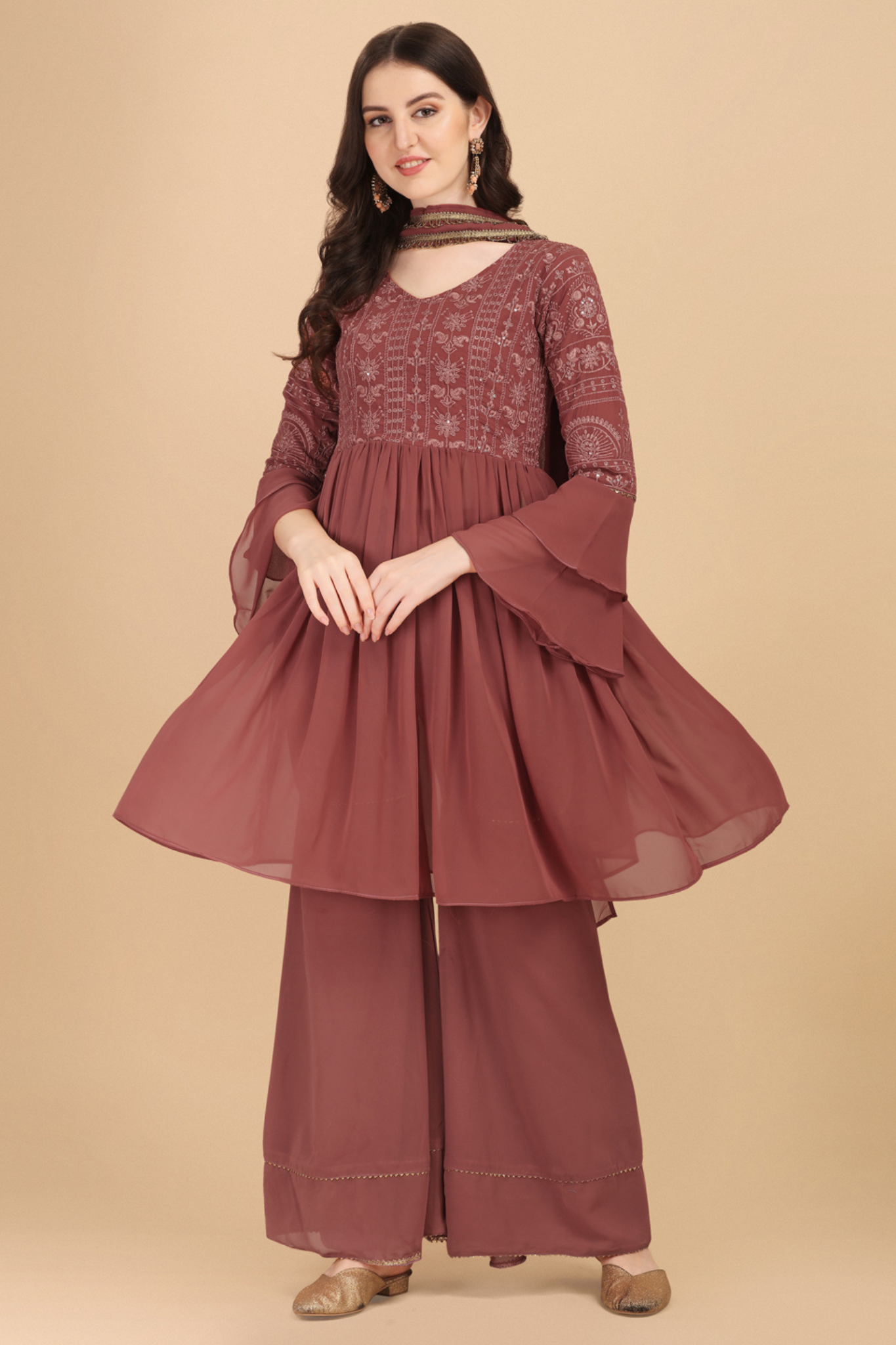 Chocolate  Colored Partywear Embroidered Worked Sharara Suit with Dupatta