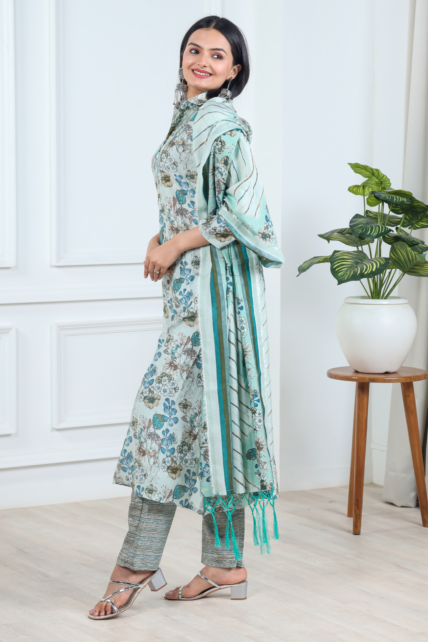 Floral Printed Chanderi Cotton Kurta With Pant & Dupatta