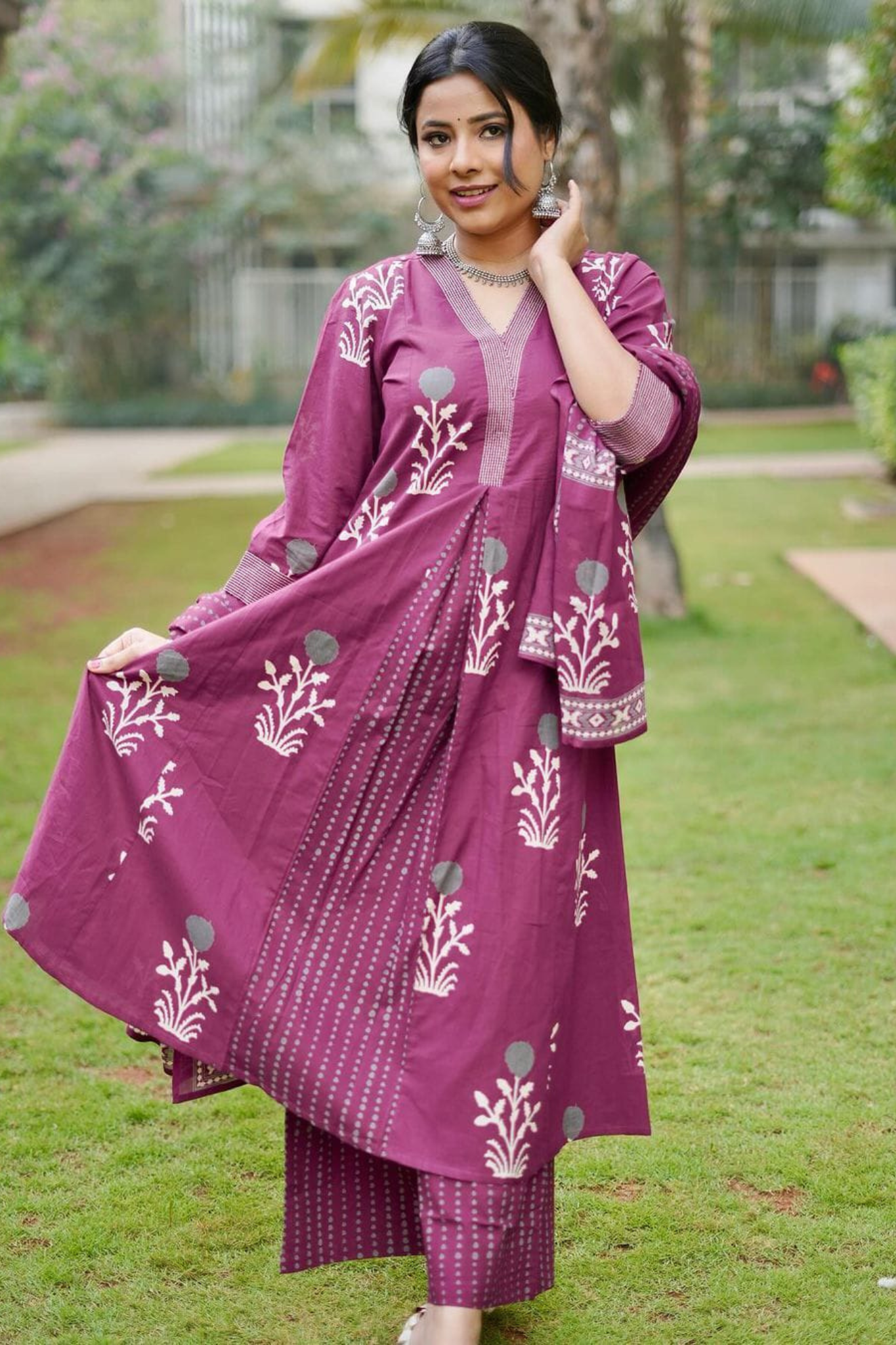 Block Printed Pure Cotton A-Line Kurta and Trouser with Palazzo Set