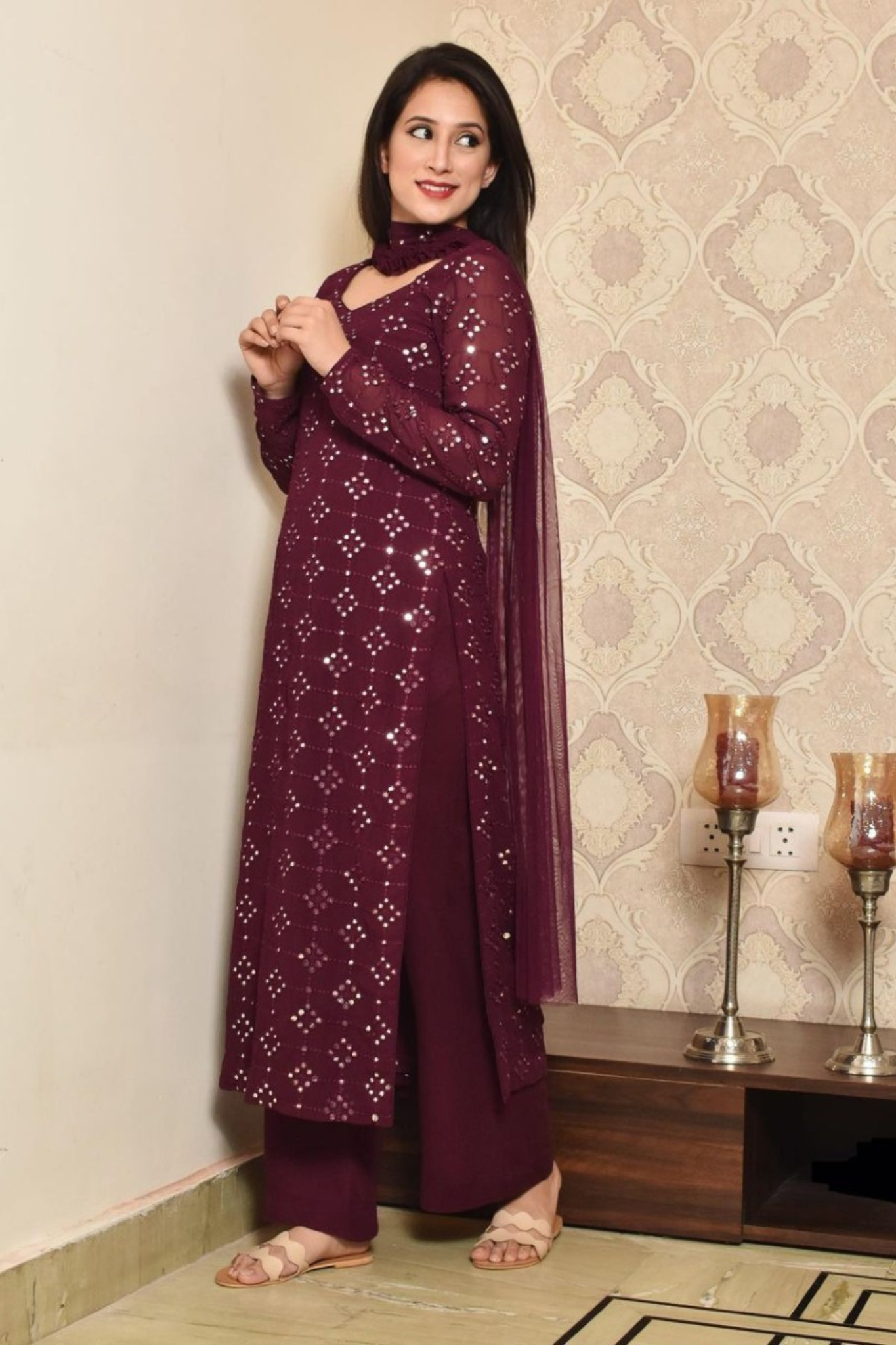 Desirable Maroon Colored Partywear Embroidered Mirror Worked Kurta and Palazzo with Dupatta Set