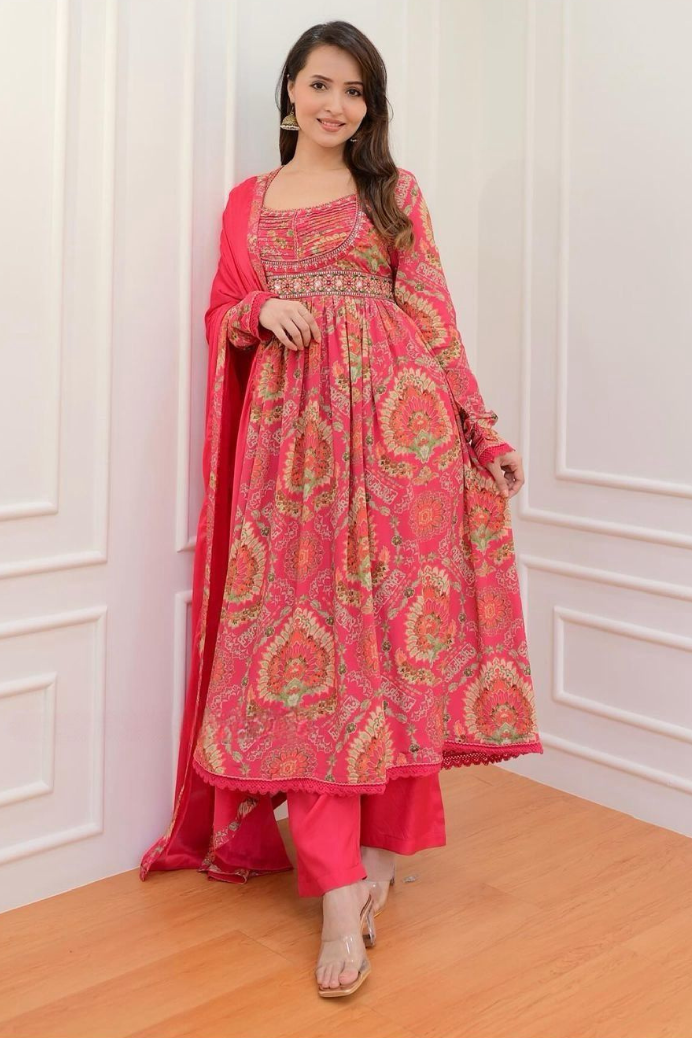 Multicolored Embroidered Anarkali Printed Kurta with Pant & Dupatta Suit