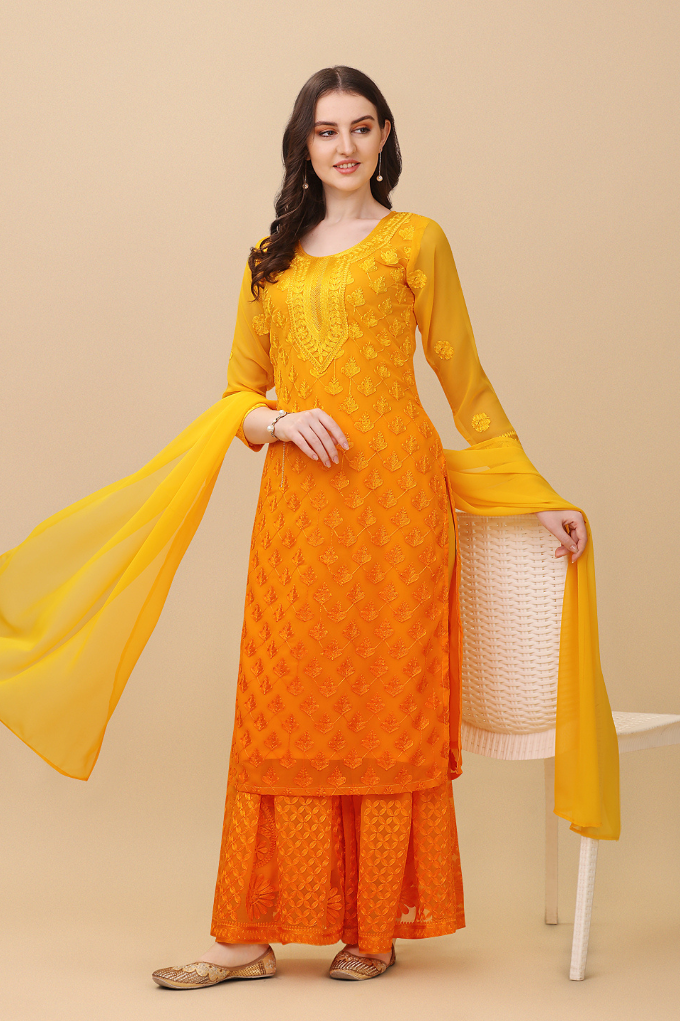 Floral Embroidered Regular Thred Work Kurta with Sharara & Dupatta Set