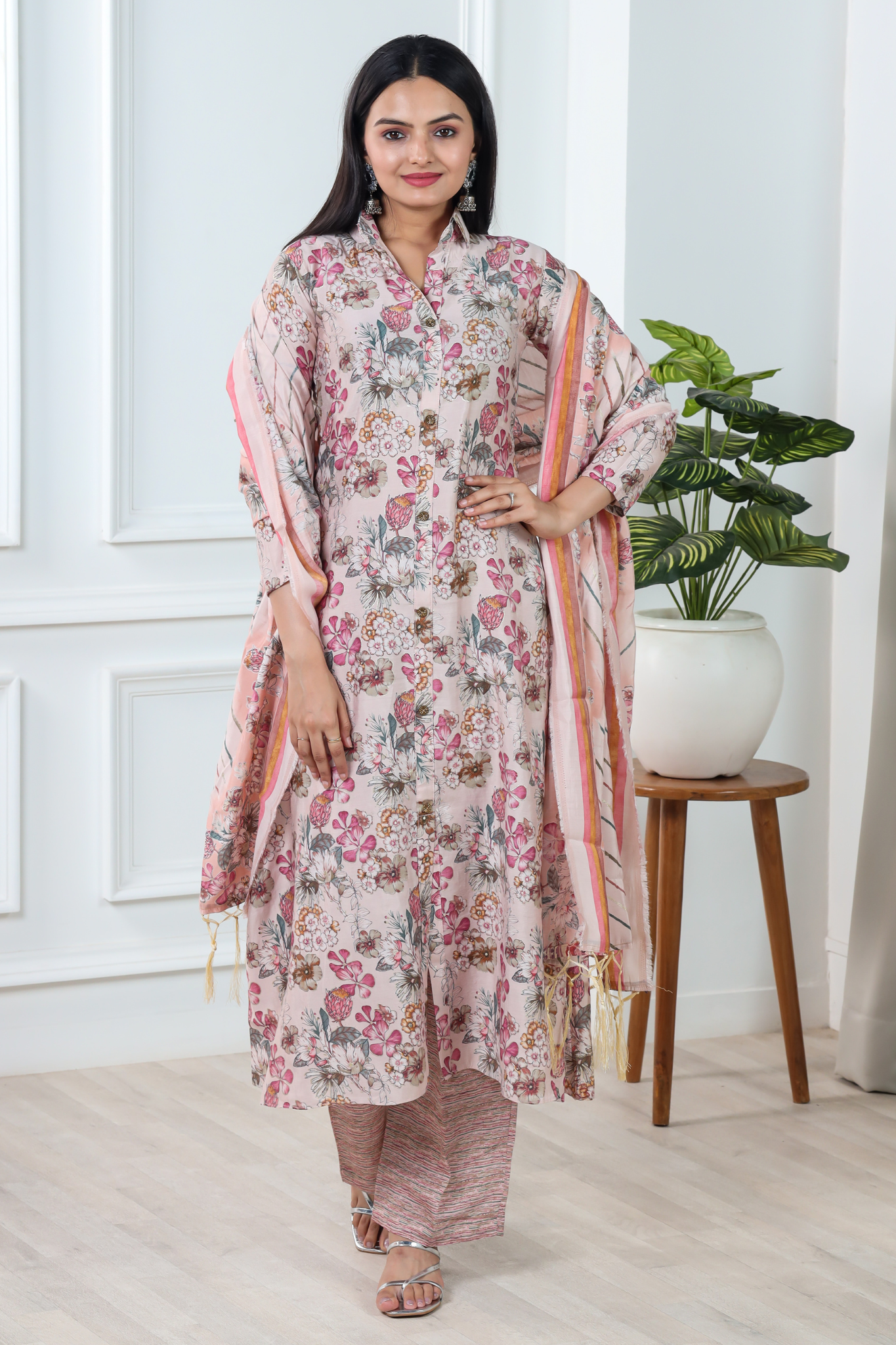 Floral Printed Chanderi Cotton Kurta With Pant & Dupatta