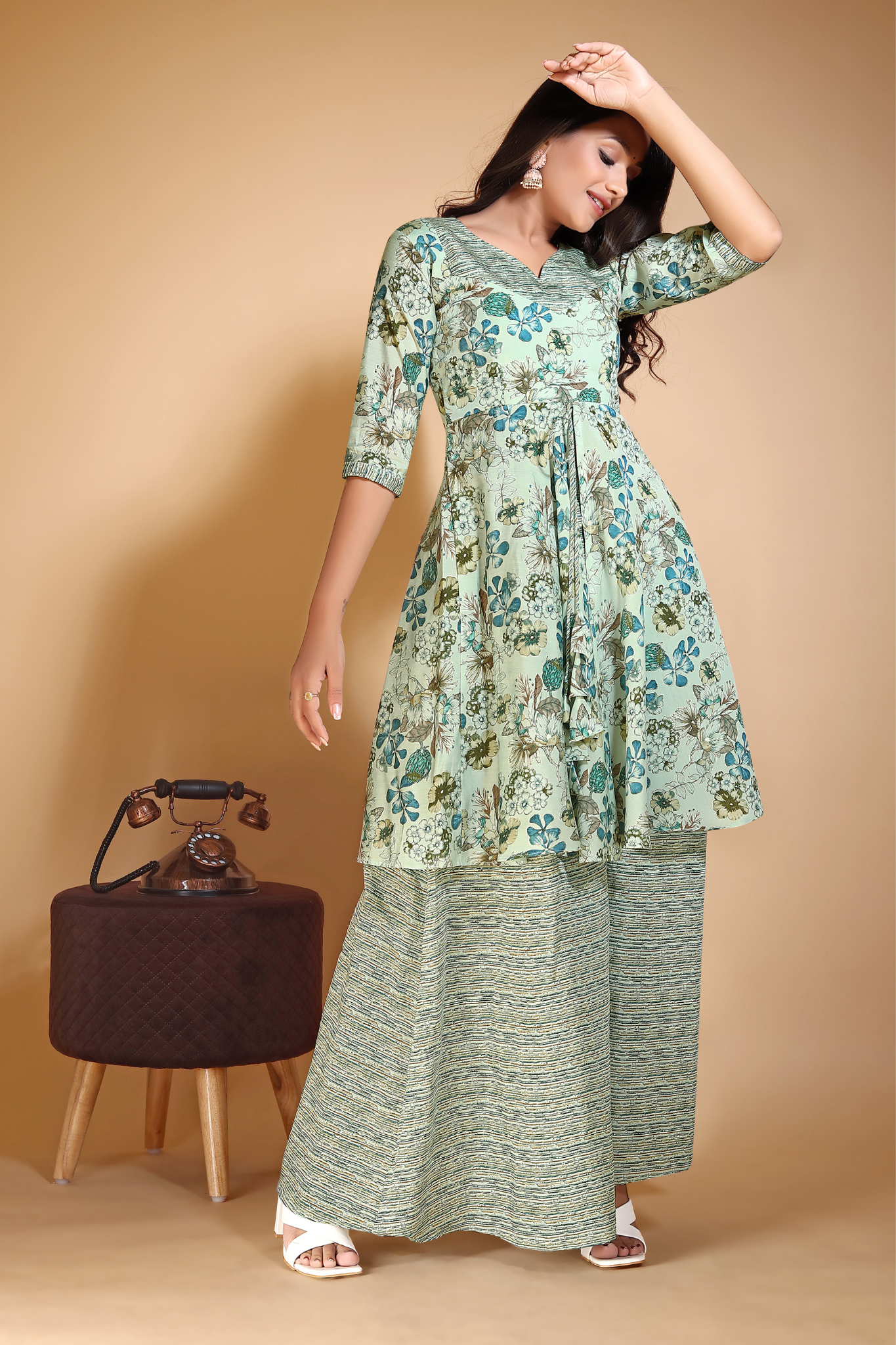 Floral Printed Anarkali Chanderi Cotton Kurta & Palazzos With Dupatta Suit