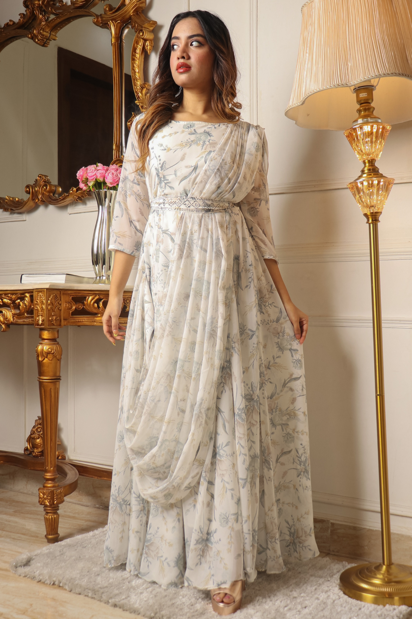 Glorious White Colored Floral Printed Anrkali Long Gown with Attached Dupatta & Belt