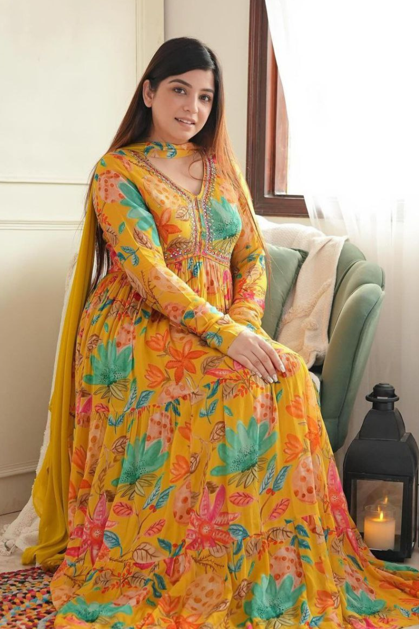 Beautiful Multicolor Printed Mirror Work Gown with Trouser & Dupatta