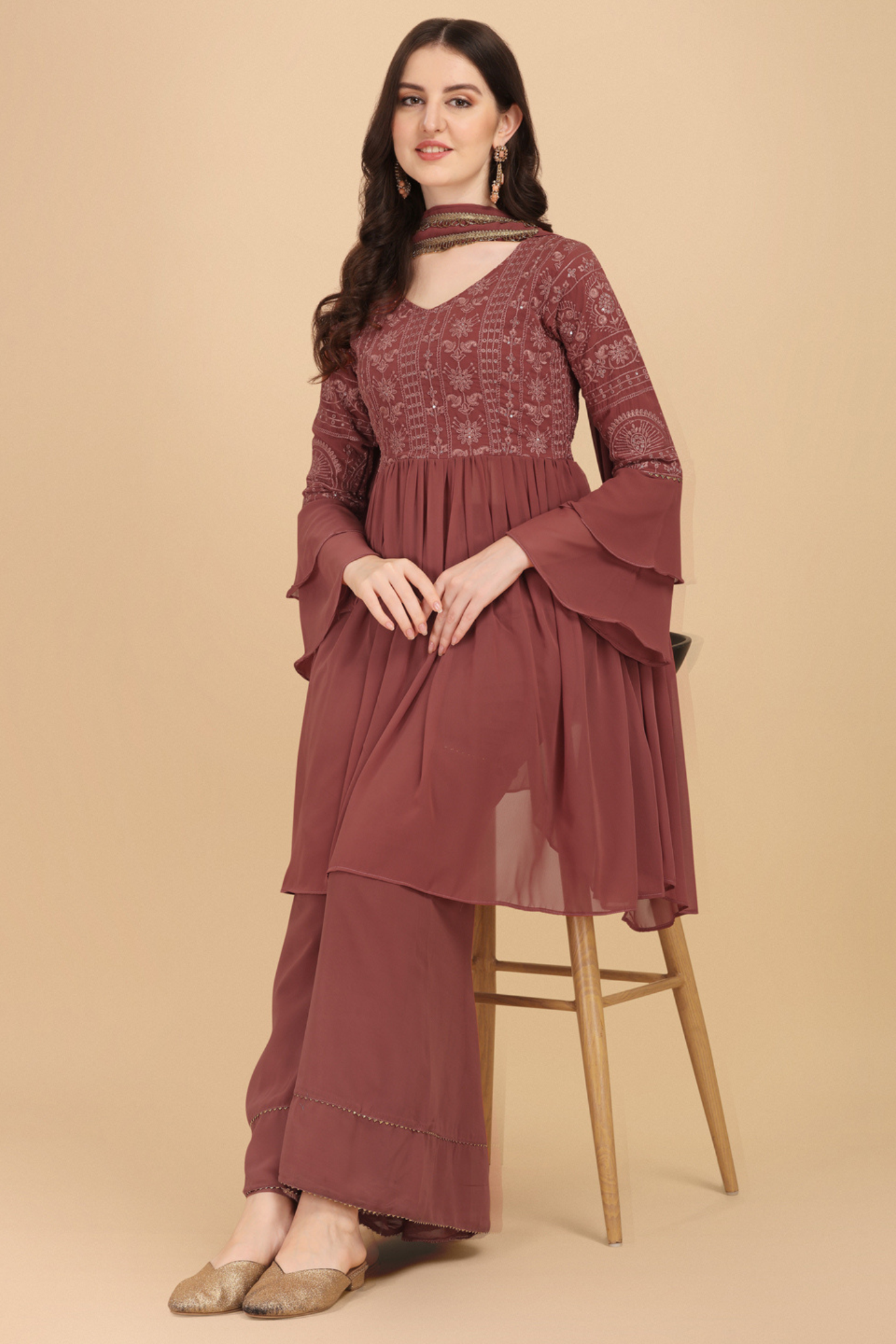 Chocolate  Colored Partywear Embroidered Worked Sharara Suit with Dupatta