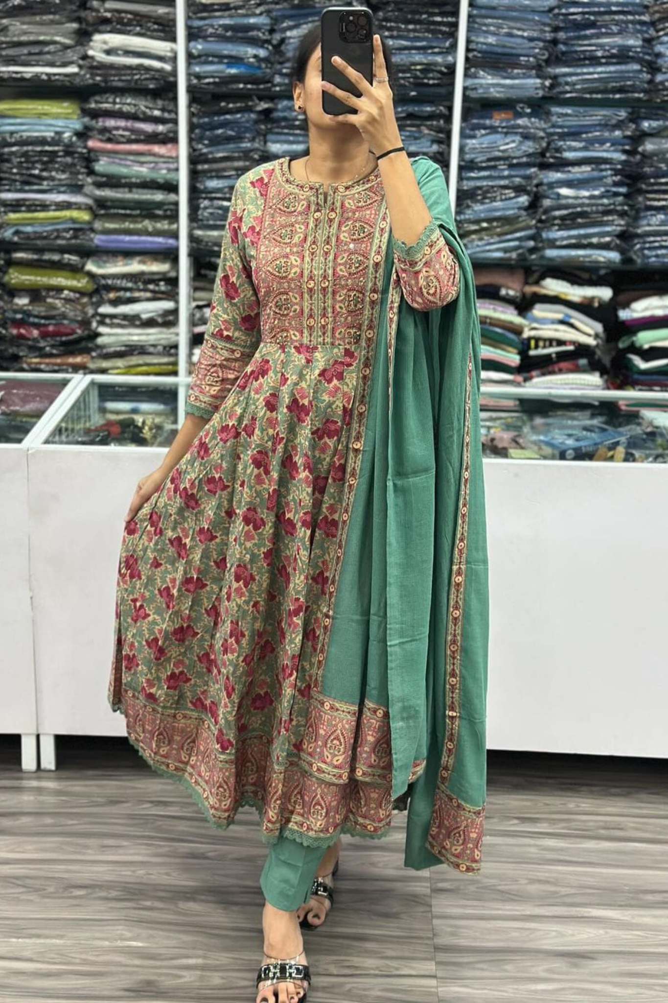 Exclusive Floral Printed Pure Cotton Anarkali Kurta with Trouser & Dupatta Set