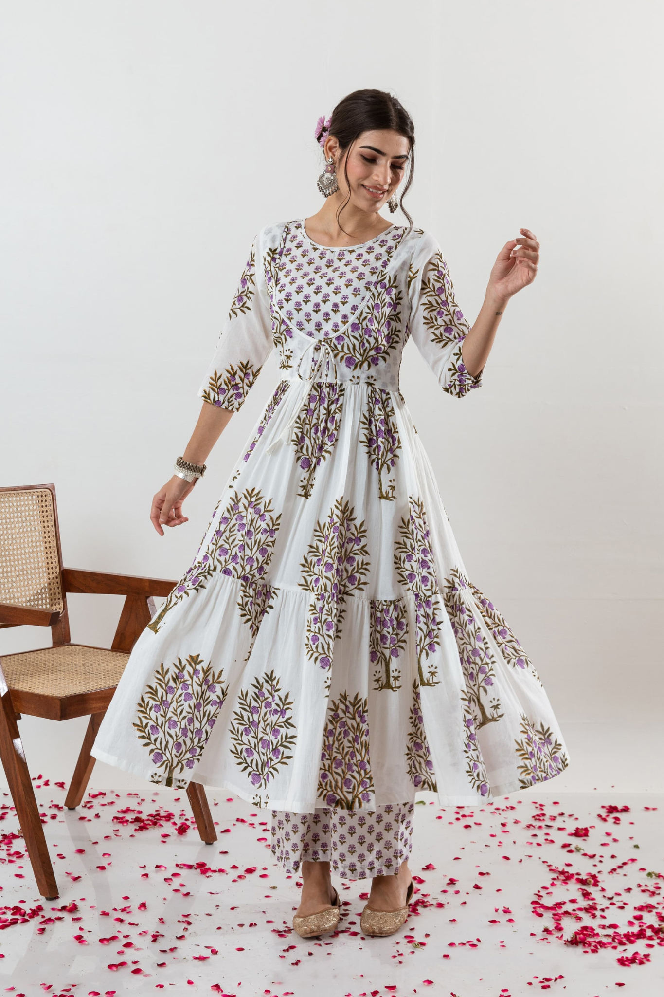 Graceful Block Printed Pure Cotton Anarkali Kurta with Palazzo & Dupatta Set